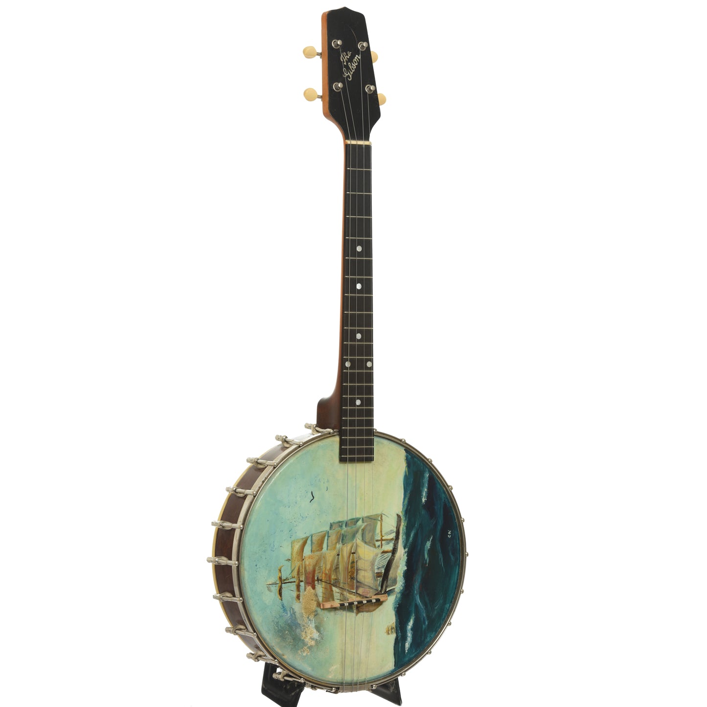 Full front and side of Gibson TB-1 Trapdoor Tenor Banjo 
