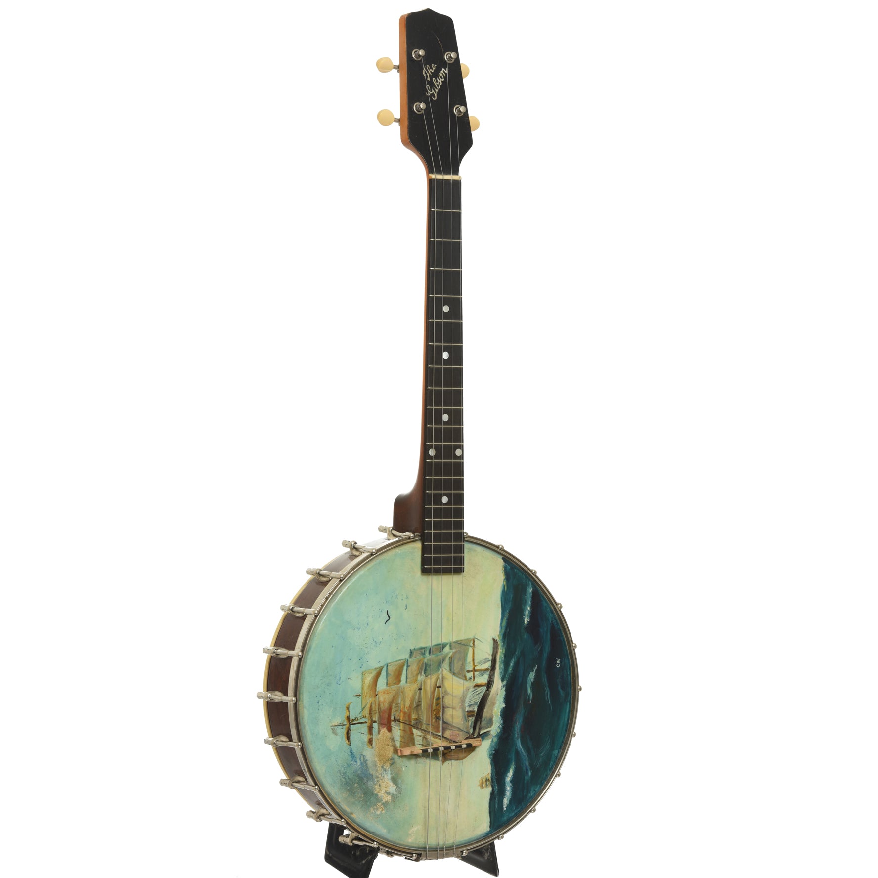 Full front and side of Gibson TB-1 Trapdoor Tenor Banjo 