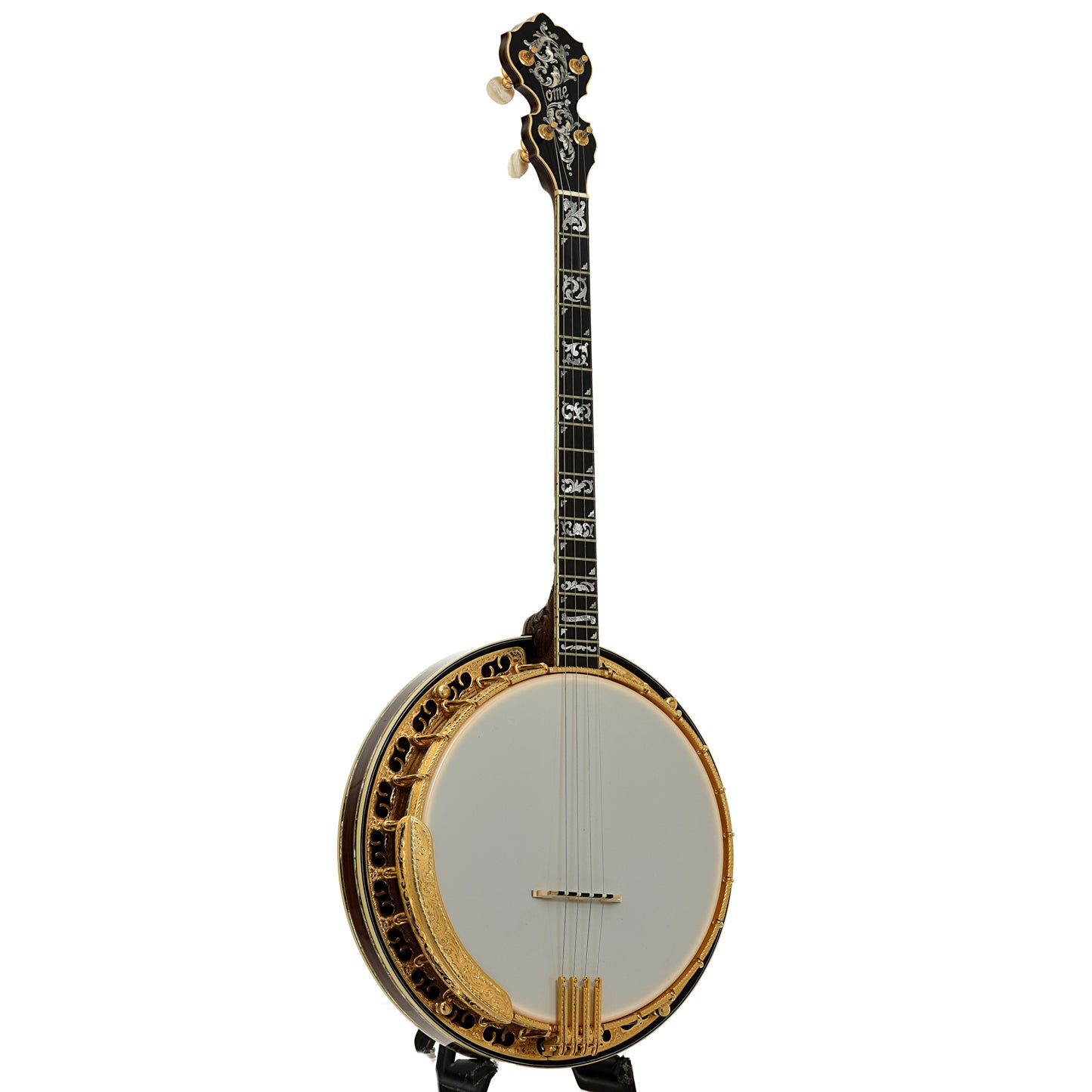 Full front and side of Ome Grand Artist Standard Jazz Tenor Banjo