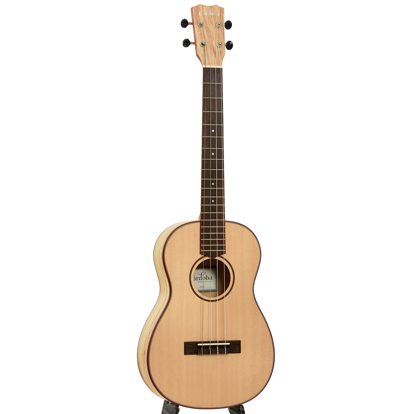 Full front and side of Cordoba 24B Baritone Ukulele