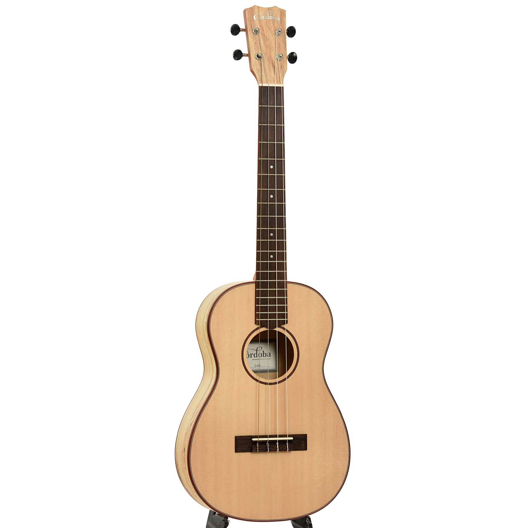 Full front and side of Cordoba 24B Baritone Ukulele