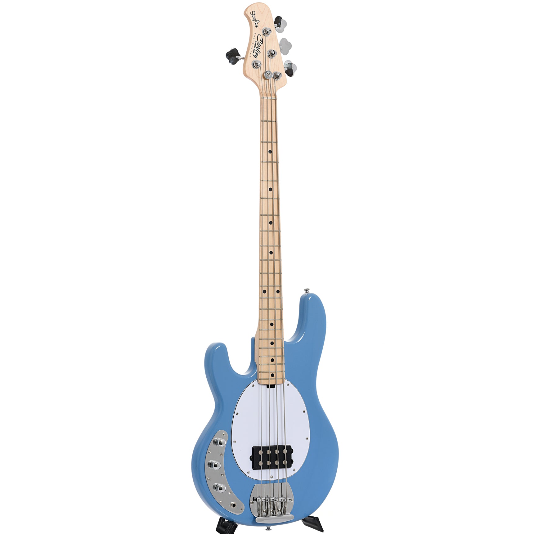 Full front and side of Sterling by Music Man RAY4LH Left Handed 4-String Bass, Chopper Blue