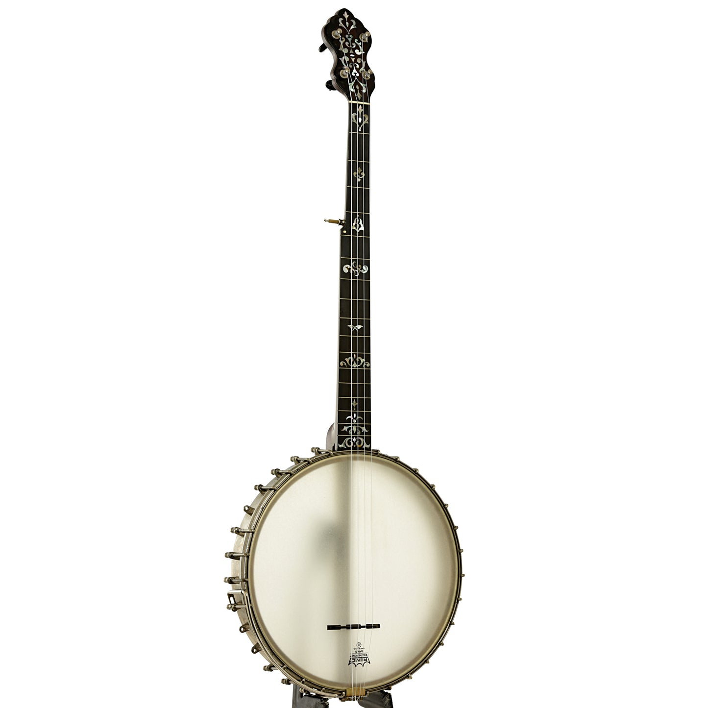 Full front and side of L.B. Gatcomb Standard 50 Open Back Banjo
