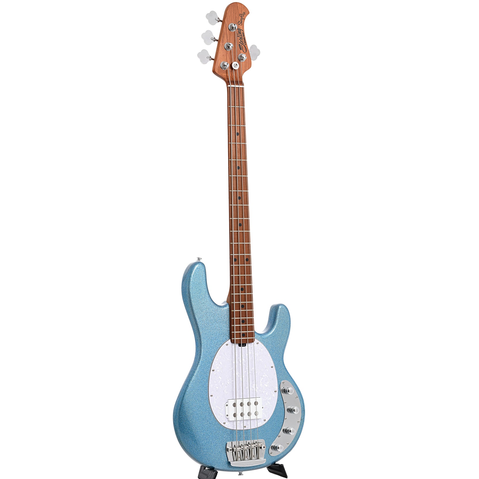 Full front and side of Sterling by Music Man B-Stock Stingray34 4-String Bass, Blue Sparkle