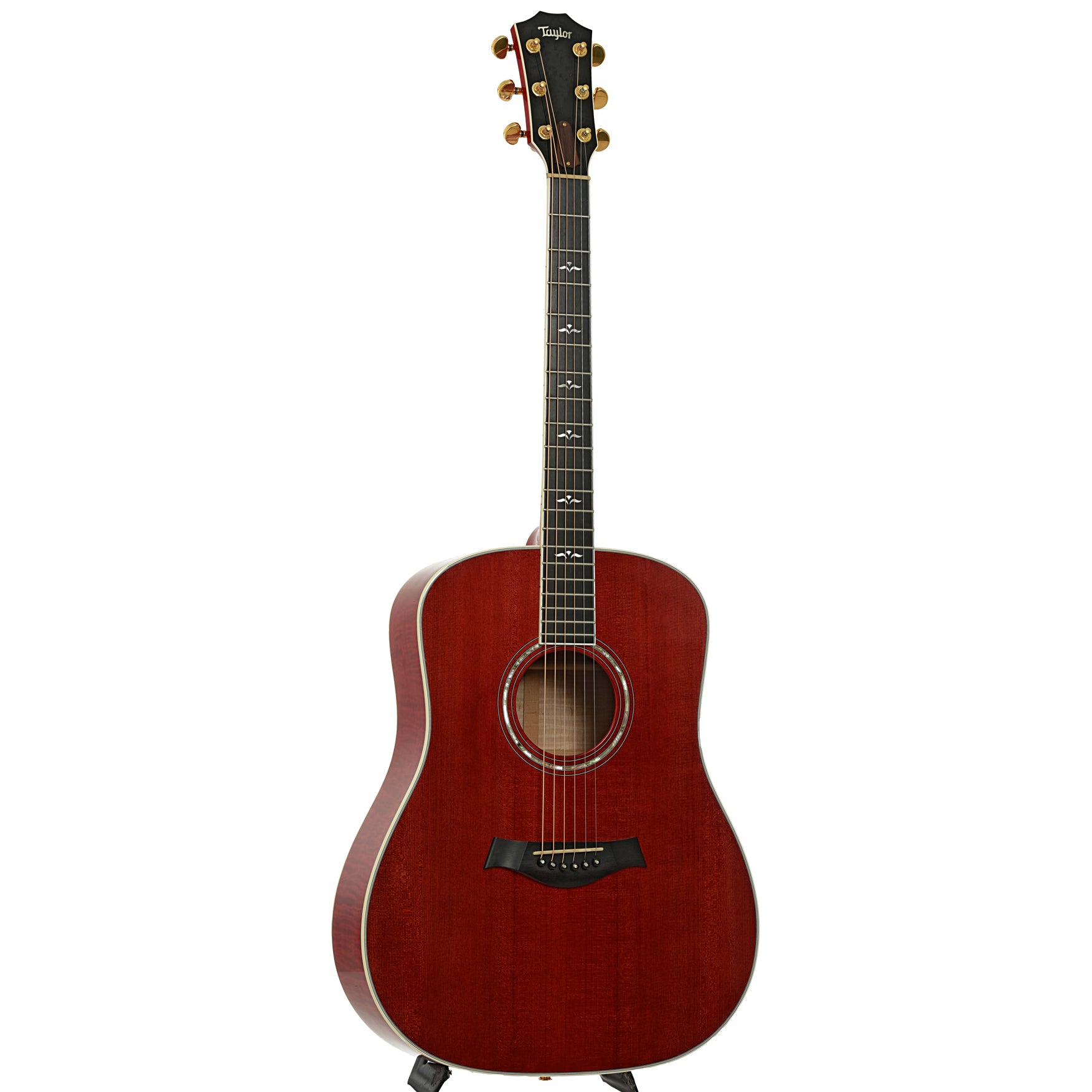 Full front and side of Taylor 610 Transparent Red Acoustic Guitar 