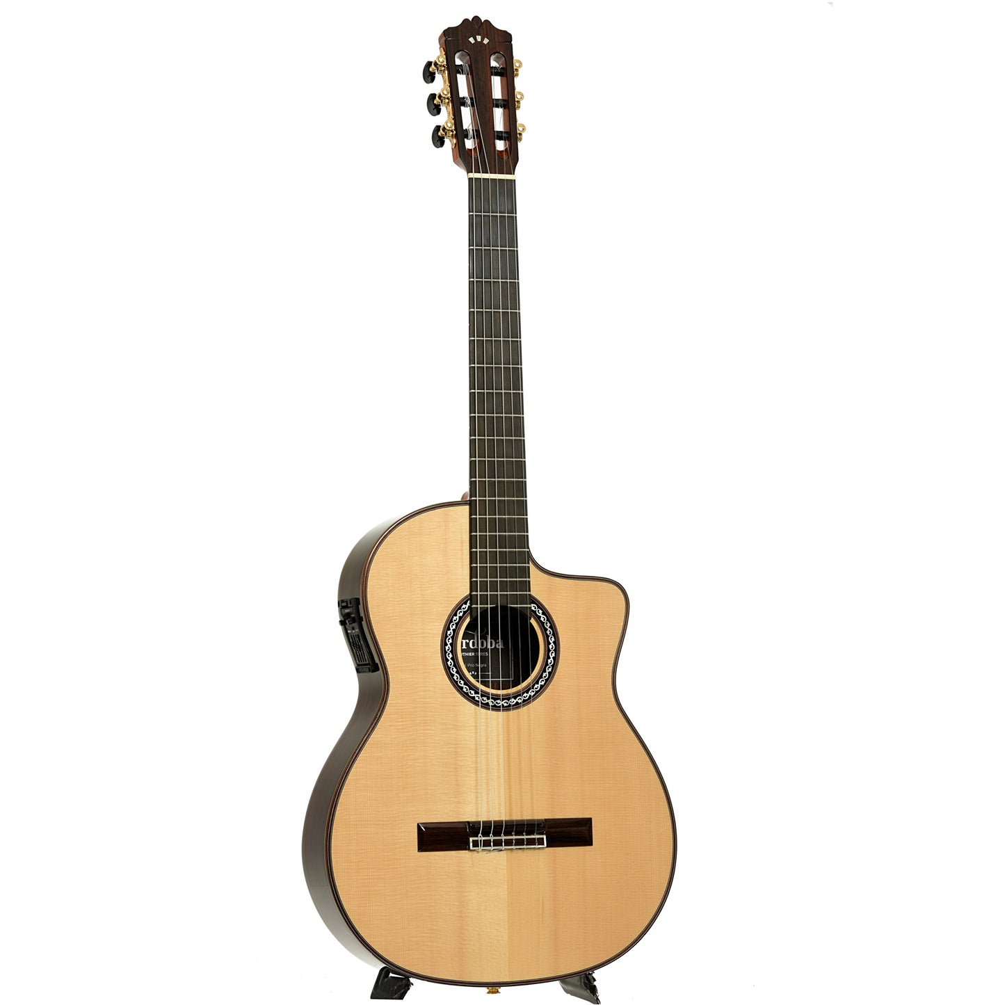 Full front and side of Cordoba GK Pro Negra Classical Guitar