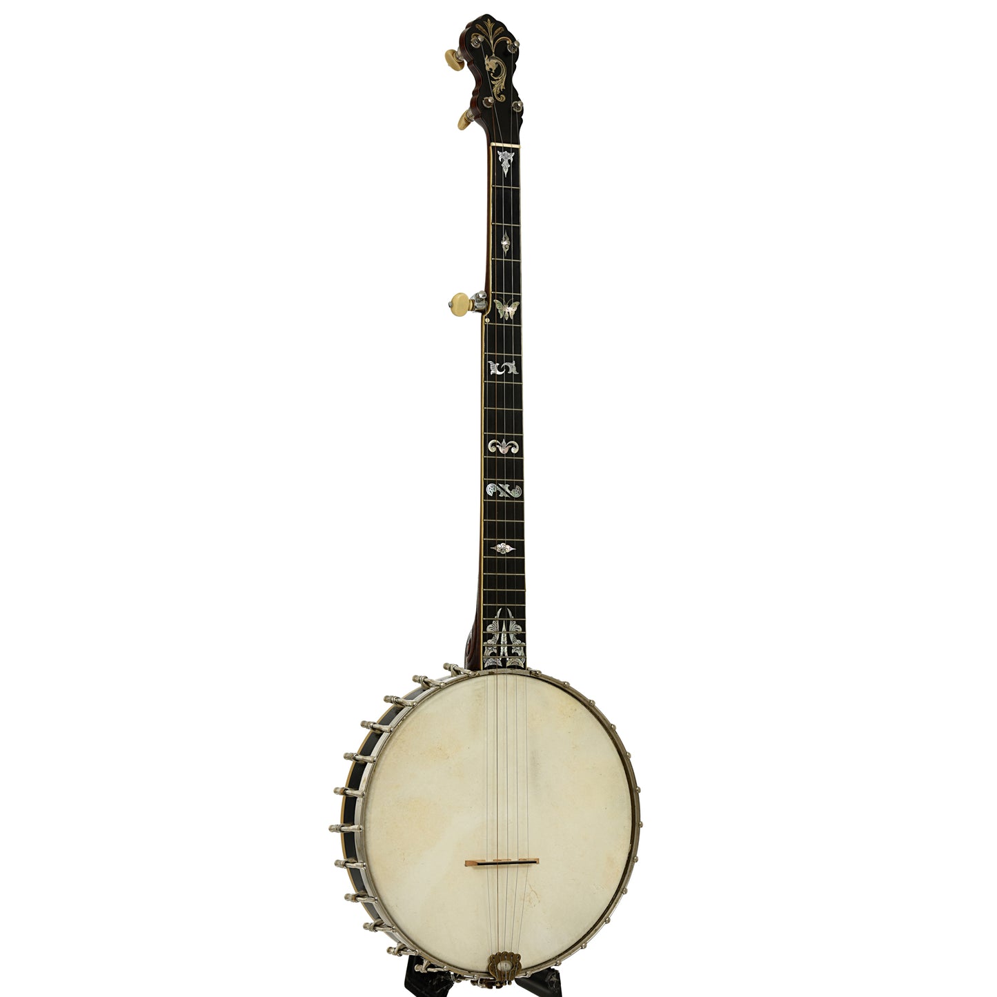 Full front and side of Fairbanks No. 0 Custom Open Back Banjo