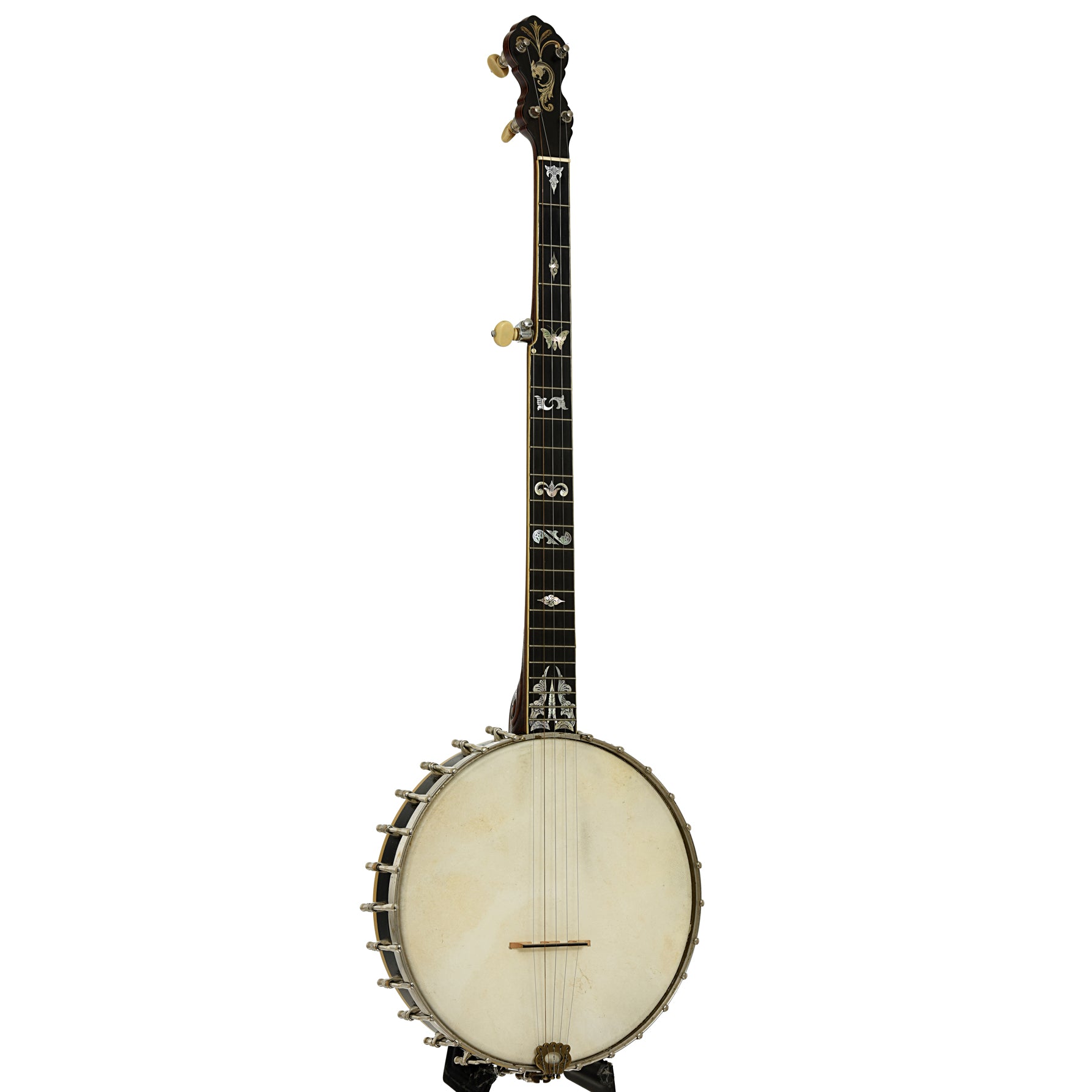 Full front and side of Fairbanks No. 0 Custom Open Back Banjo