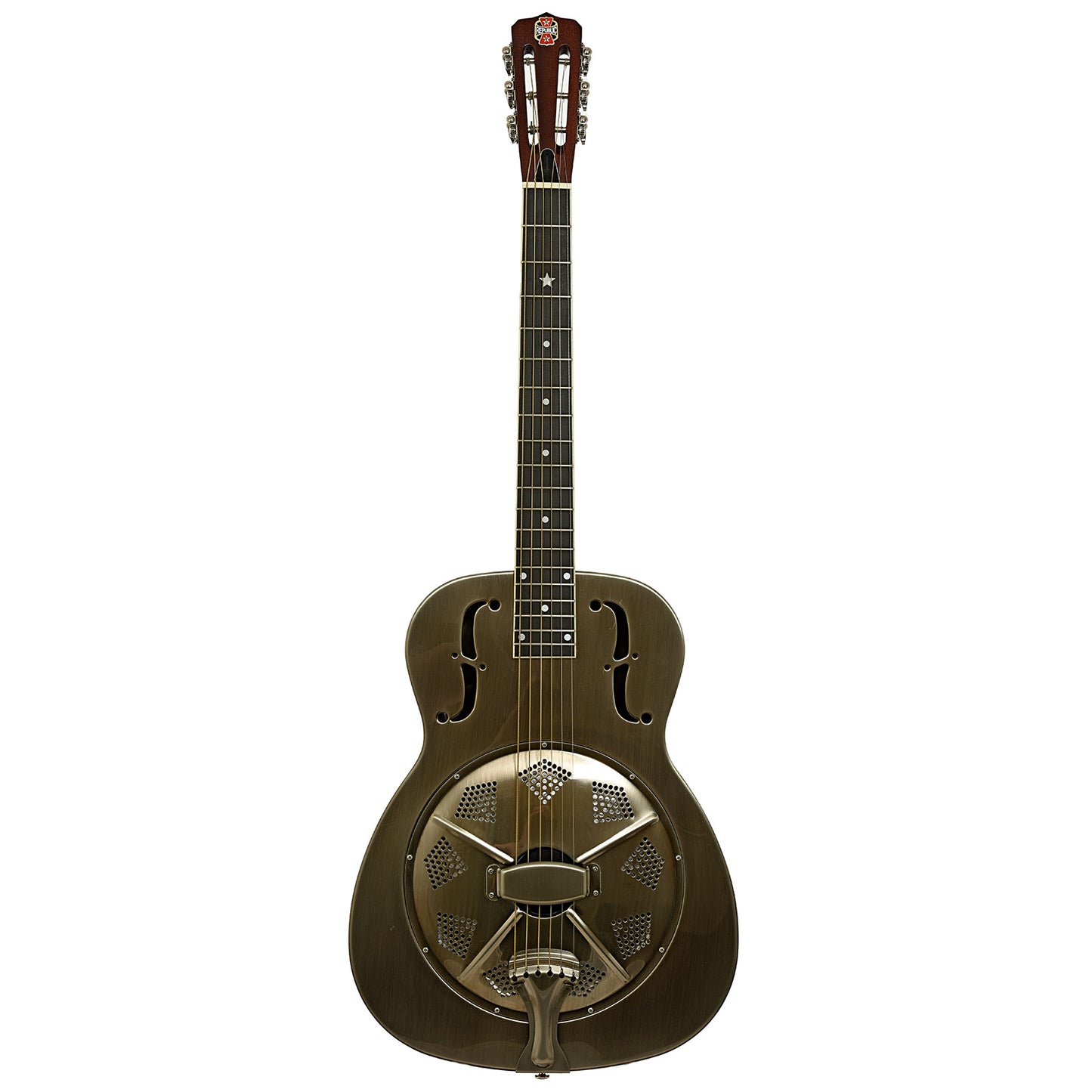 Full front of Republic Resolian Relic Nickel Roundneck Resonator Guitar