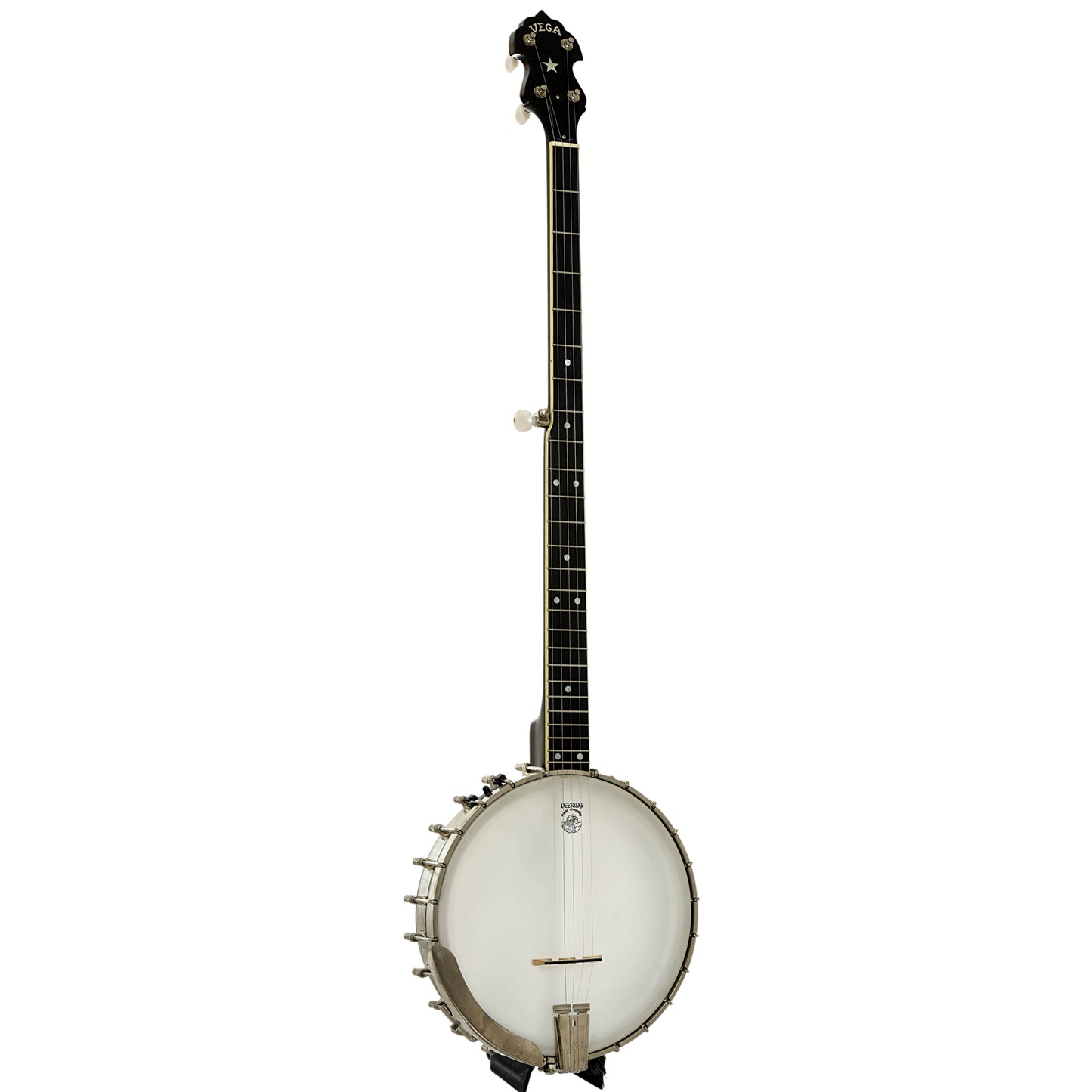 Full front and side of Deering Vega Extra Long Neck Banjo