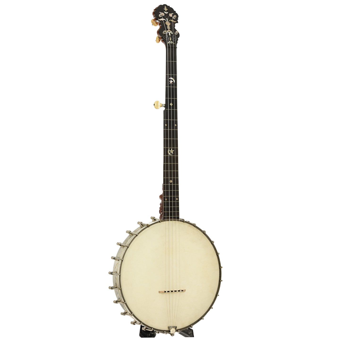 Full front and side of S.S. Stewart Gnome Open Back Banjo 