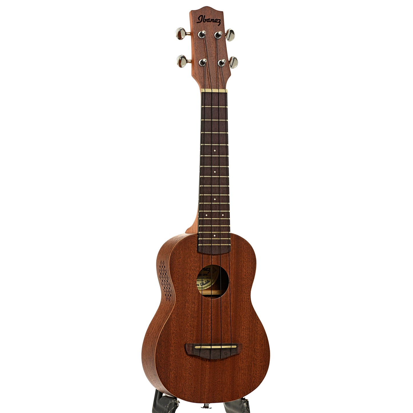 Full front and side of Ibanez Soprano Ukulele with Bag, Open Pore Natural