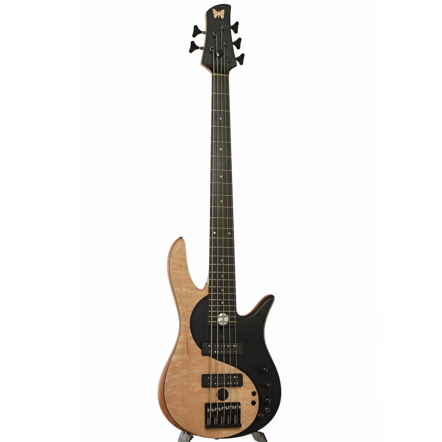 Full front and side of Fodera Yin Yang Standard Blister Maple 5-String Electric Bass