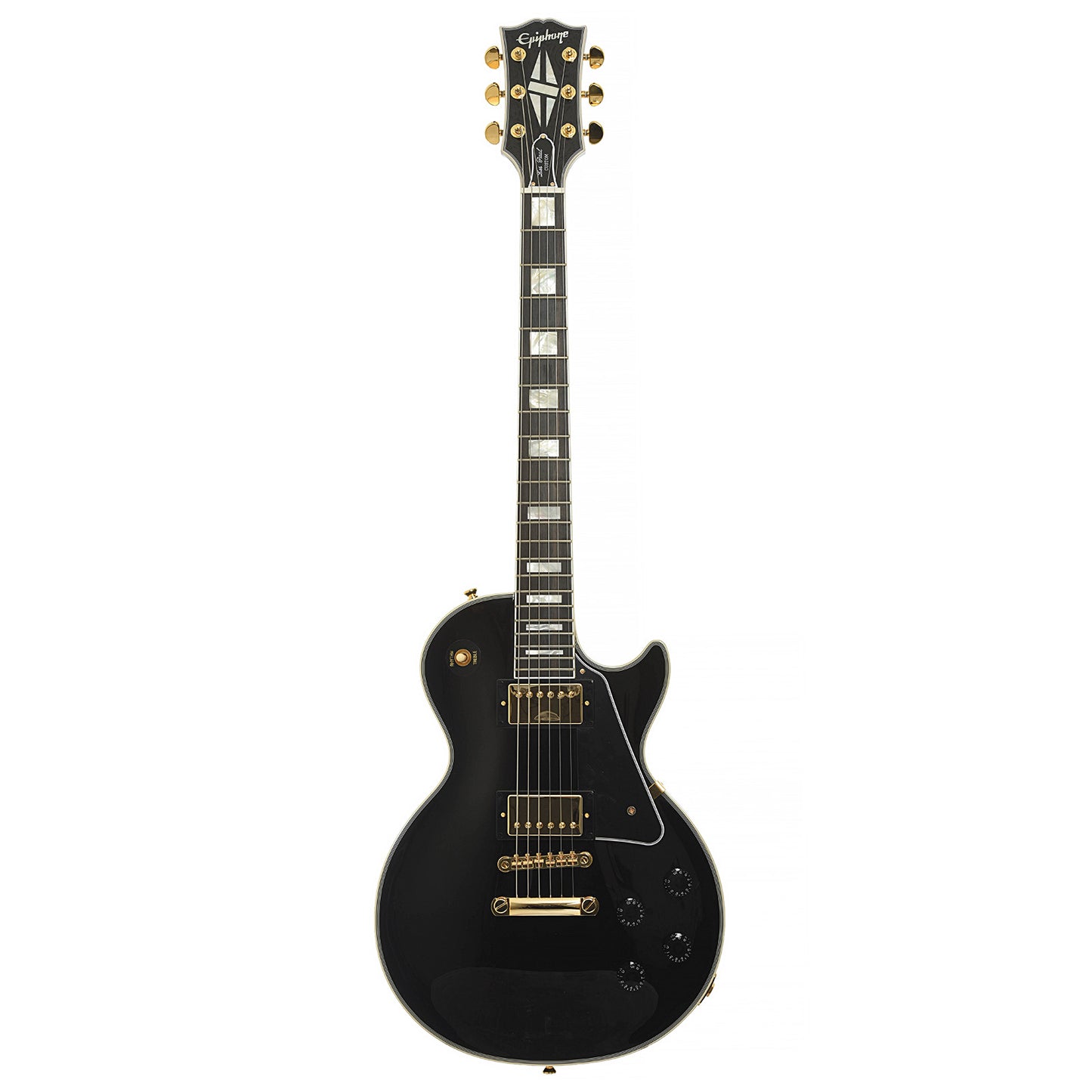 Full front of Epiphone IGC Les Paul Custom Electric Guitar & Case, Ebony