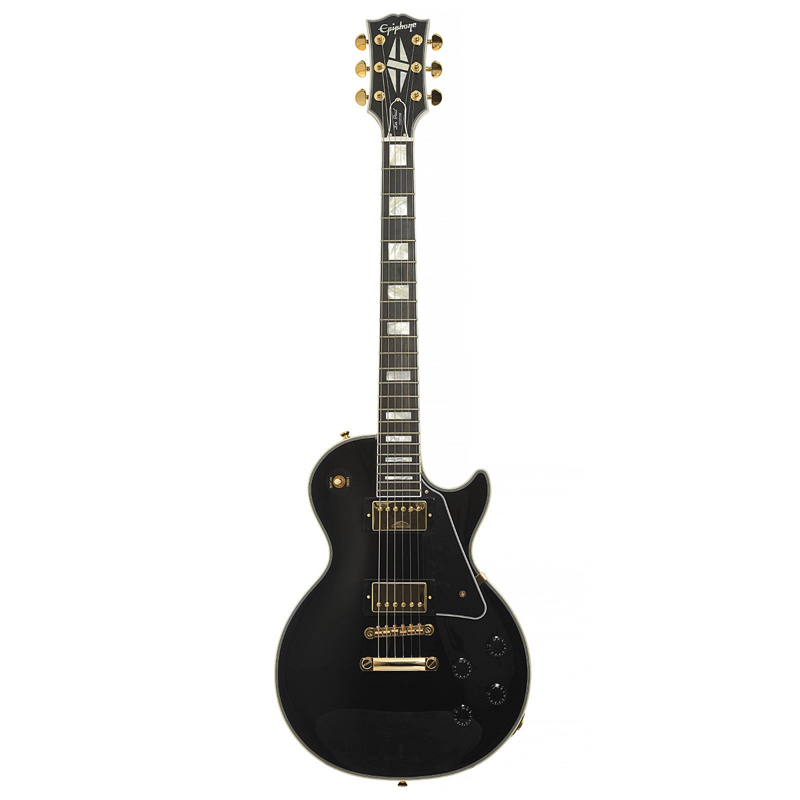 Full front of Epiphone IGC Les Paul Custom Electric Guitar & Case, Ebony