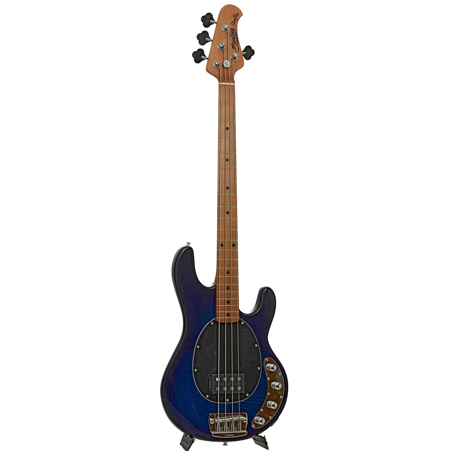 Full front and side of Sterling by Music Man StingRay34 Flamed Maple 4-String Bass, Neptune Blue (2022)