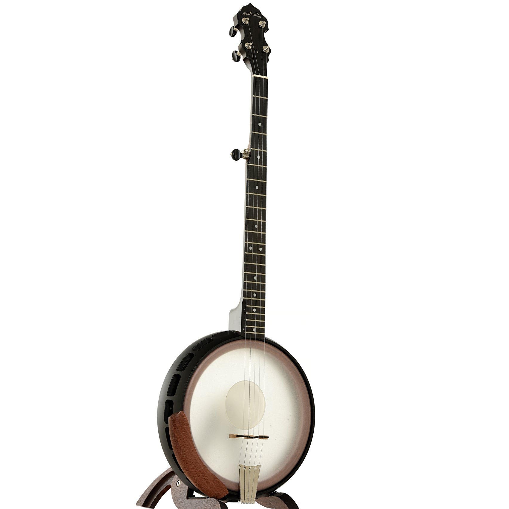 Full front and side of Nechville Moonshine Open Back Banjo