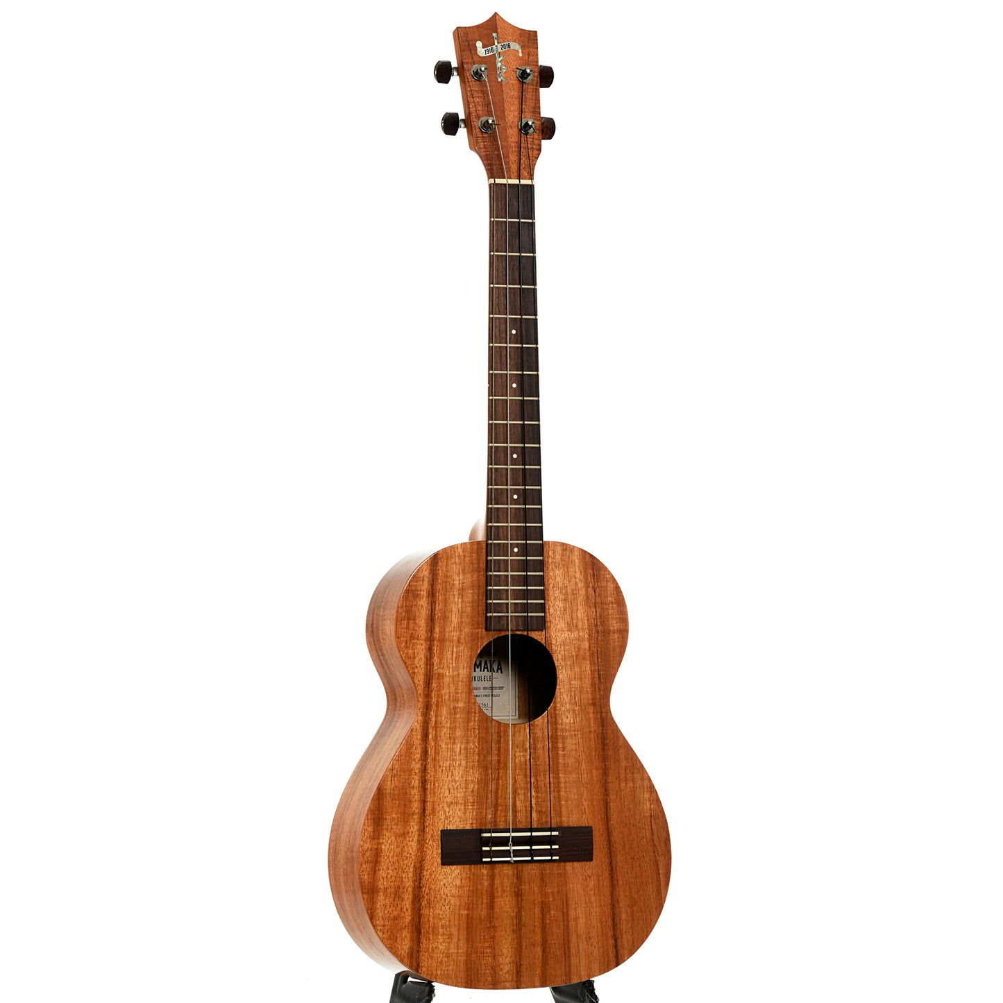 Full front and side of Kamaka HF-4 100th Anniversary Baritone Ukulele