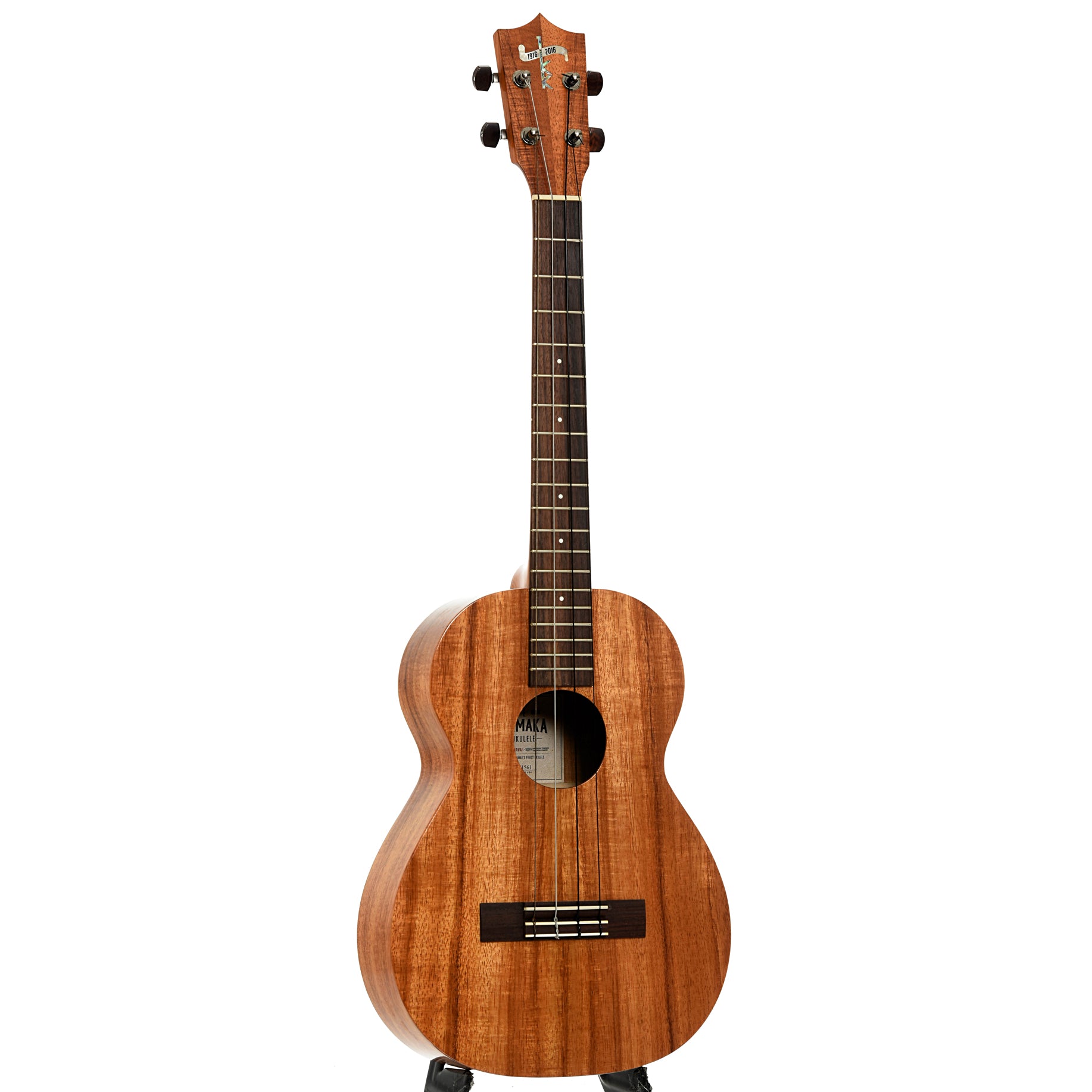 Full front and side of Kamaka HF-4 100th Anniversary Baritone Ukulele