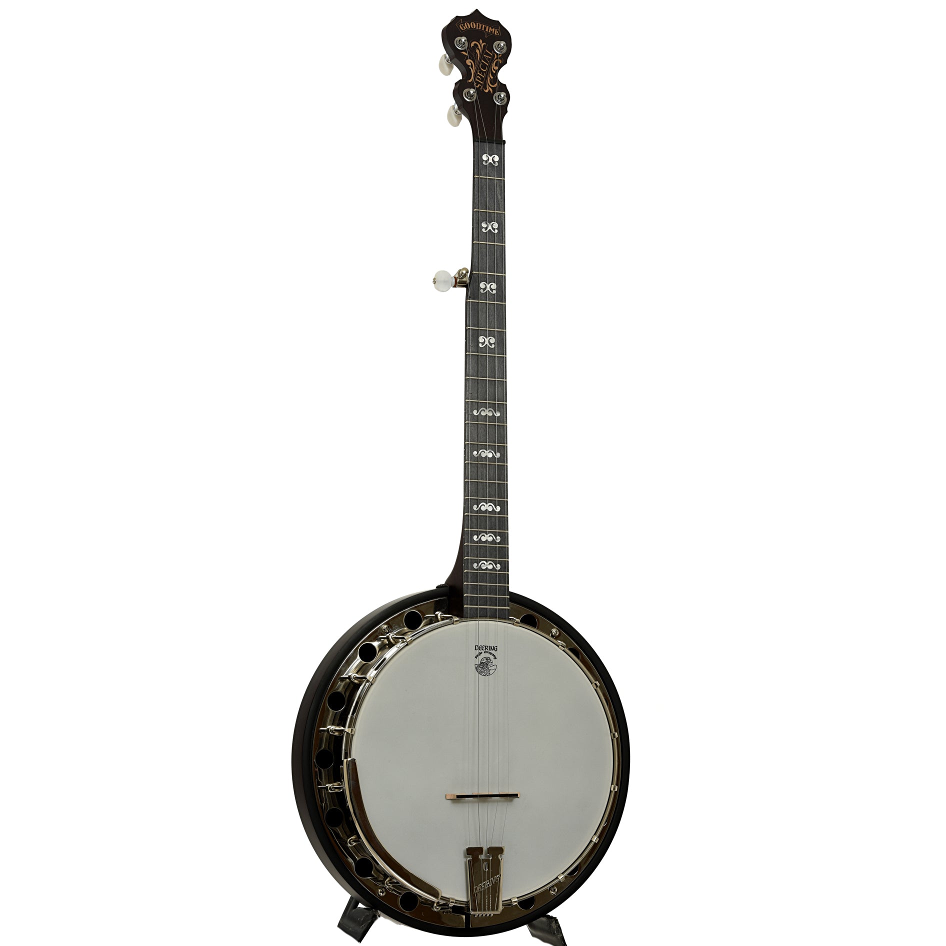 Full front and side of Deering Artisan Goodtime II Special Resonator Banjo 