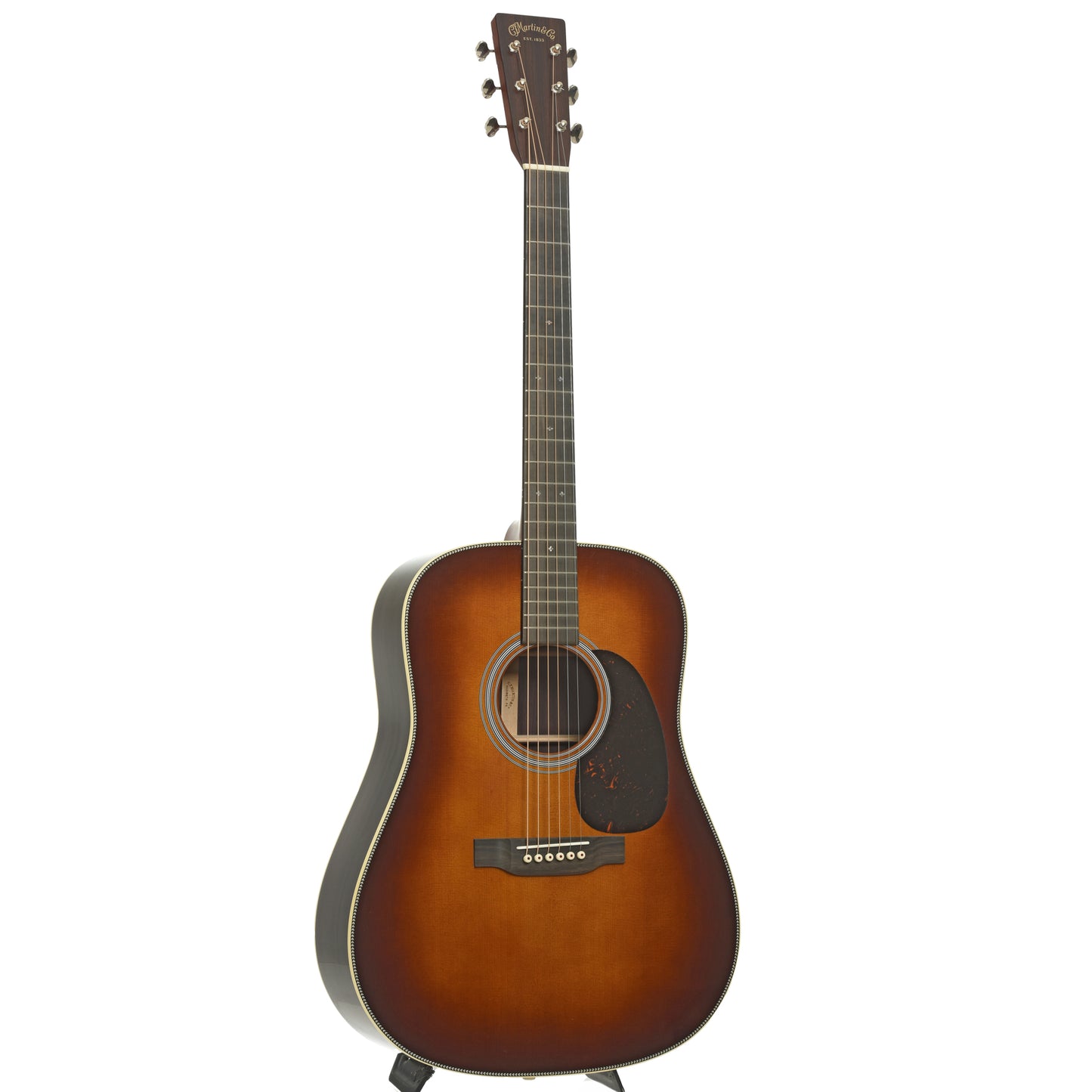 Full front and side of Martin HD-28 Sunburst Acoustic Guitar
