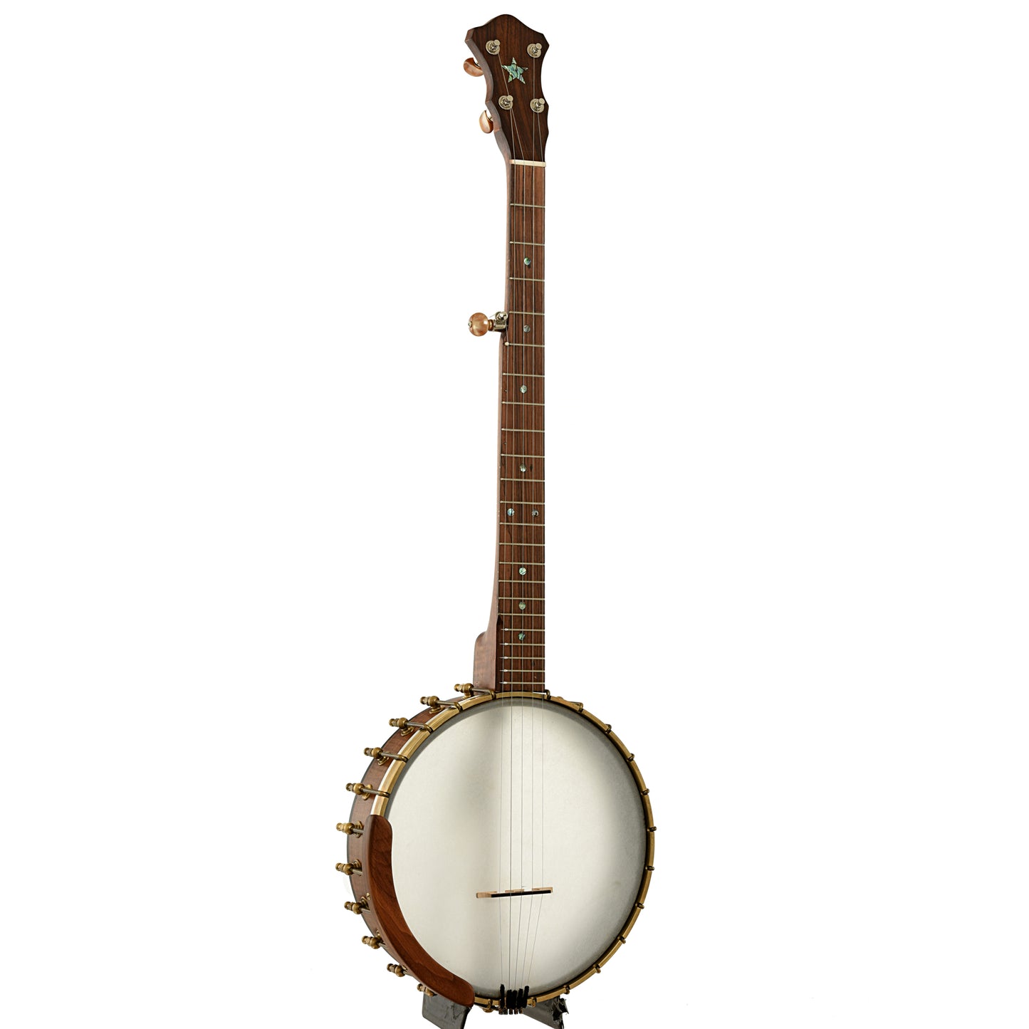 Full front and side ofStarr Limited Edition Banjos 11" Curly Maple Open-back Banjo  