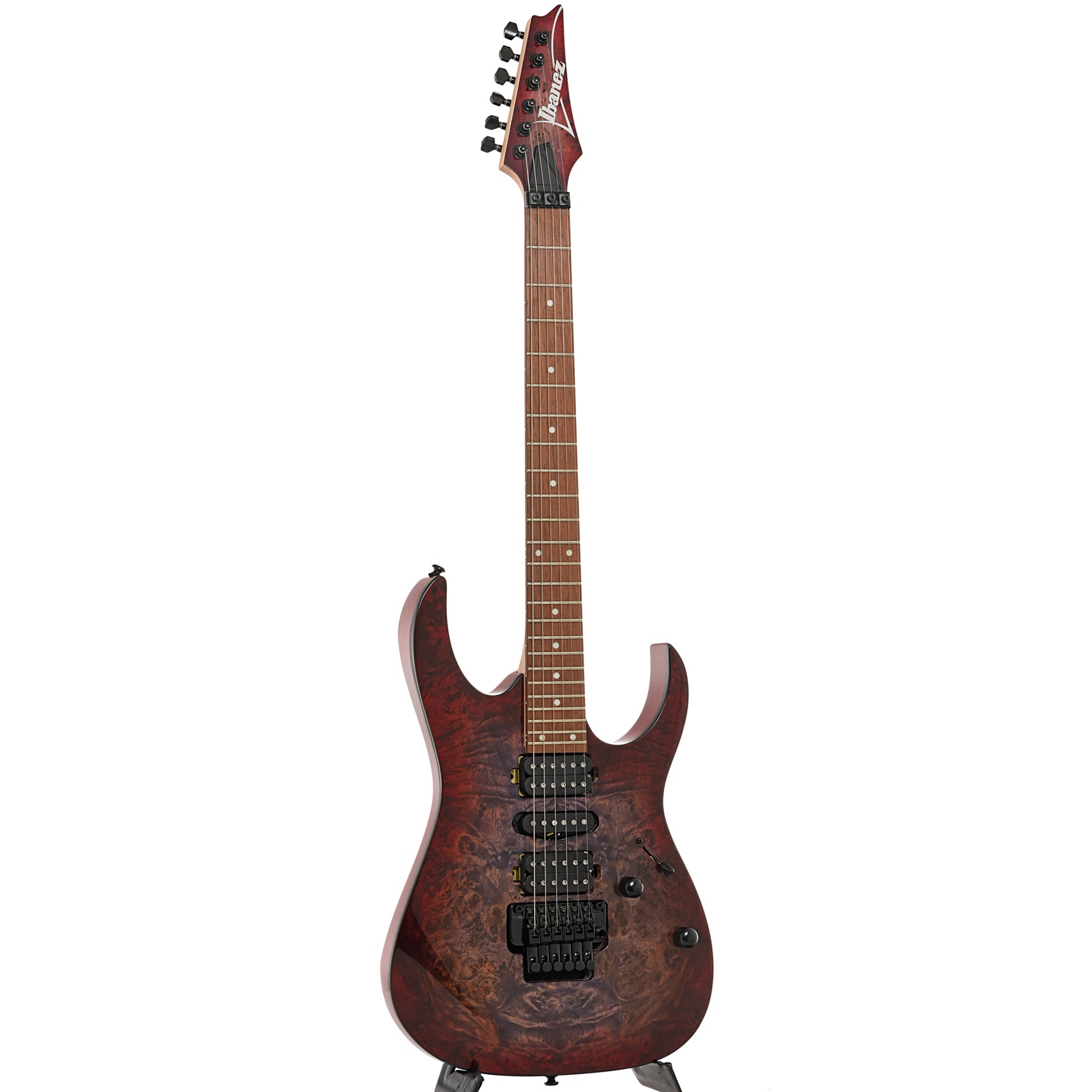 Full front and side of Ibanez RG470PB Electric Guitar, Red Eclipse Burst