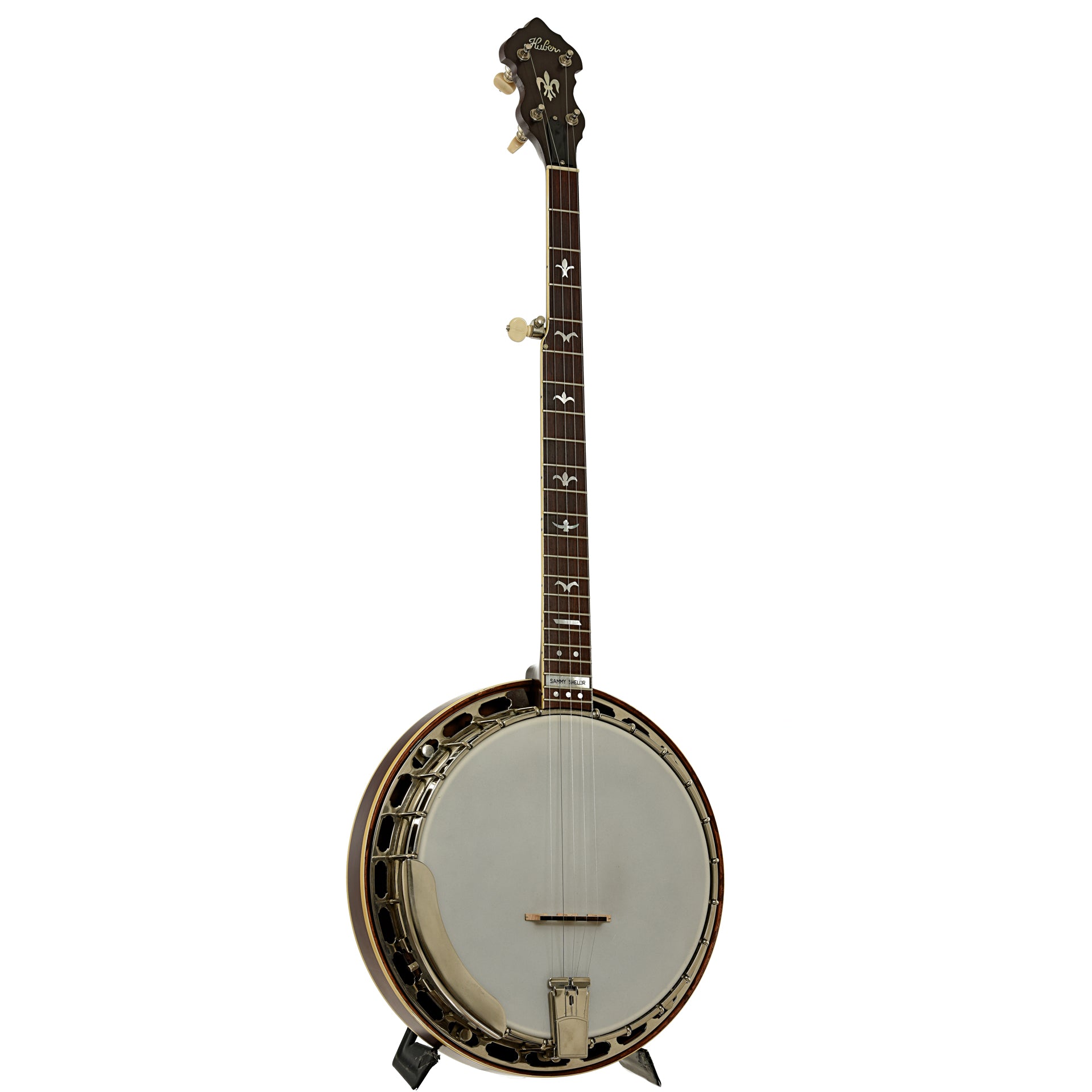 Full front and side of Huber Sammy Shelor Resonator Banjo