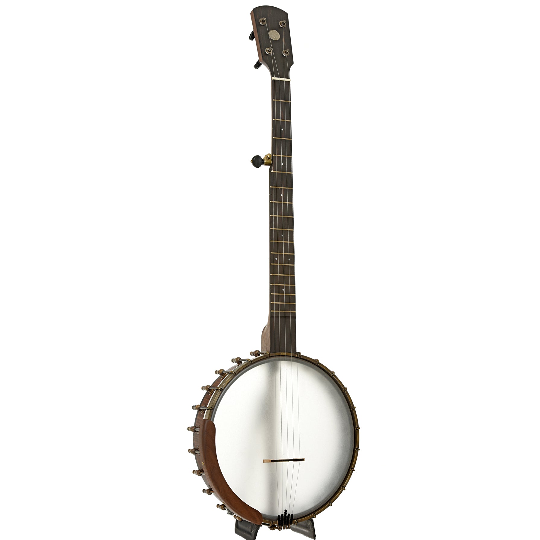 Full front and side of Ode Magician 11" Walnut Openback Banjo