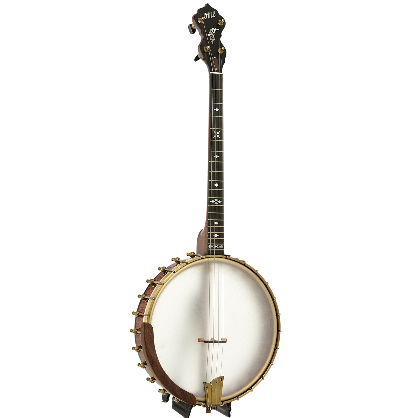 Full front and side of Ome Wicklow 12" Maple Tenor Open Back Banjo