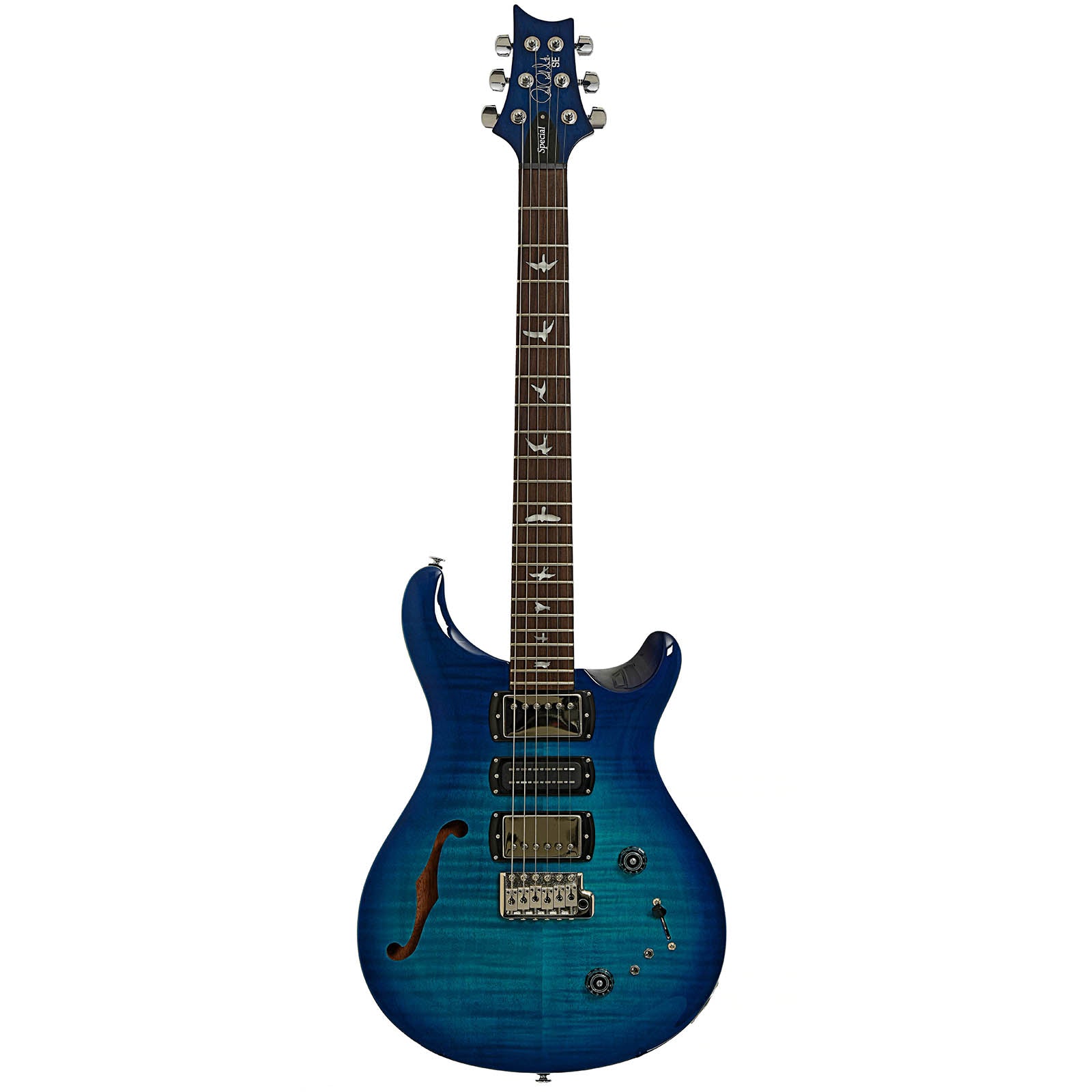 Full front of PRS SE Special Semi-Hollow Electric Guitar Lake Blue