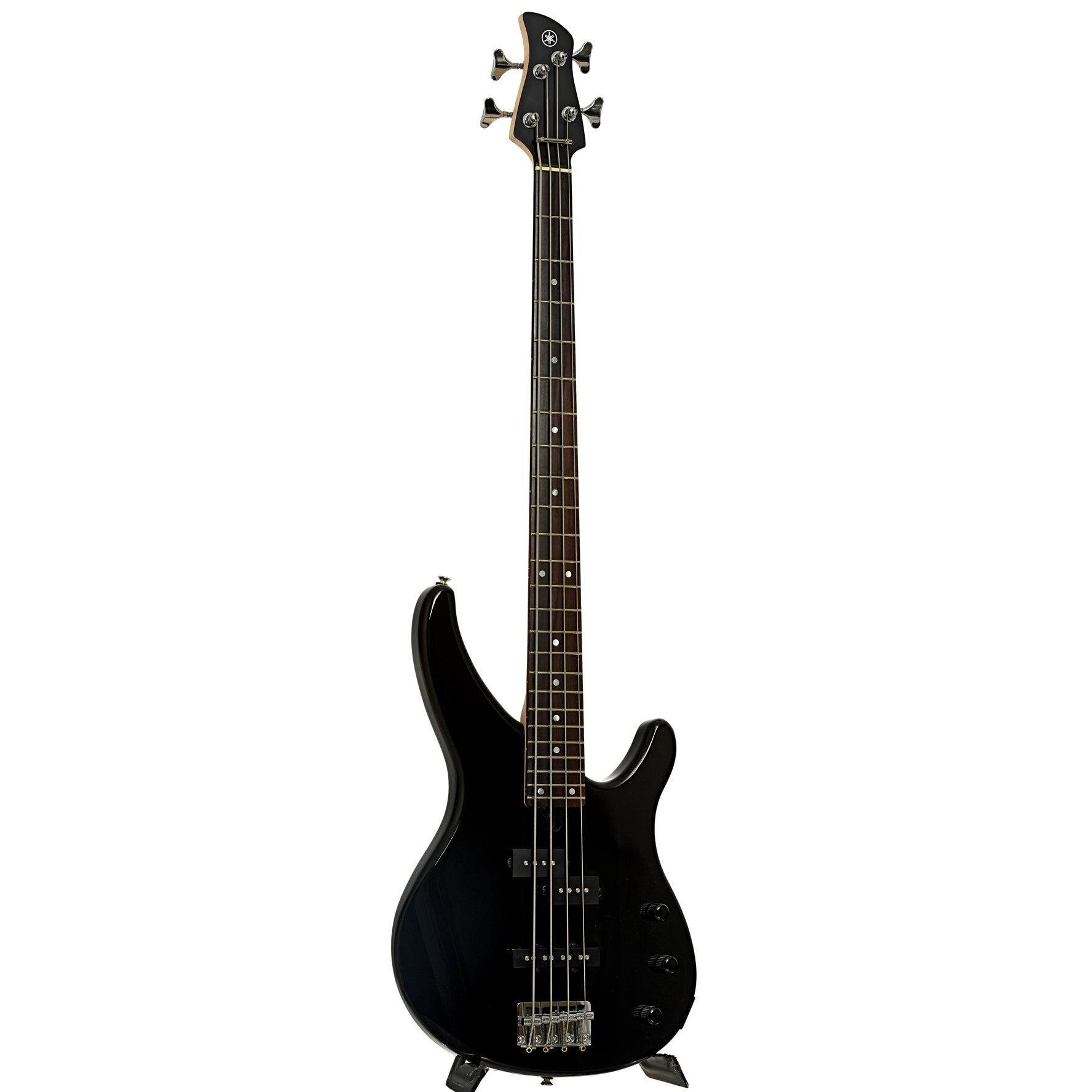 Full front and side of Yamaha TRBX174 Electric Bass Guitar, Black