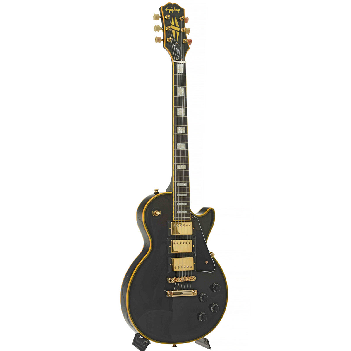 Full Front & Side of Epiphone Joe Bonamassa Black Beauty Les Paul Custom Electric Guitar