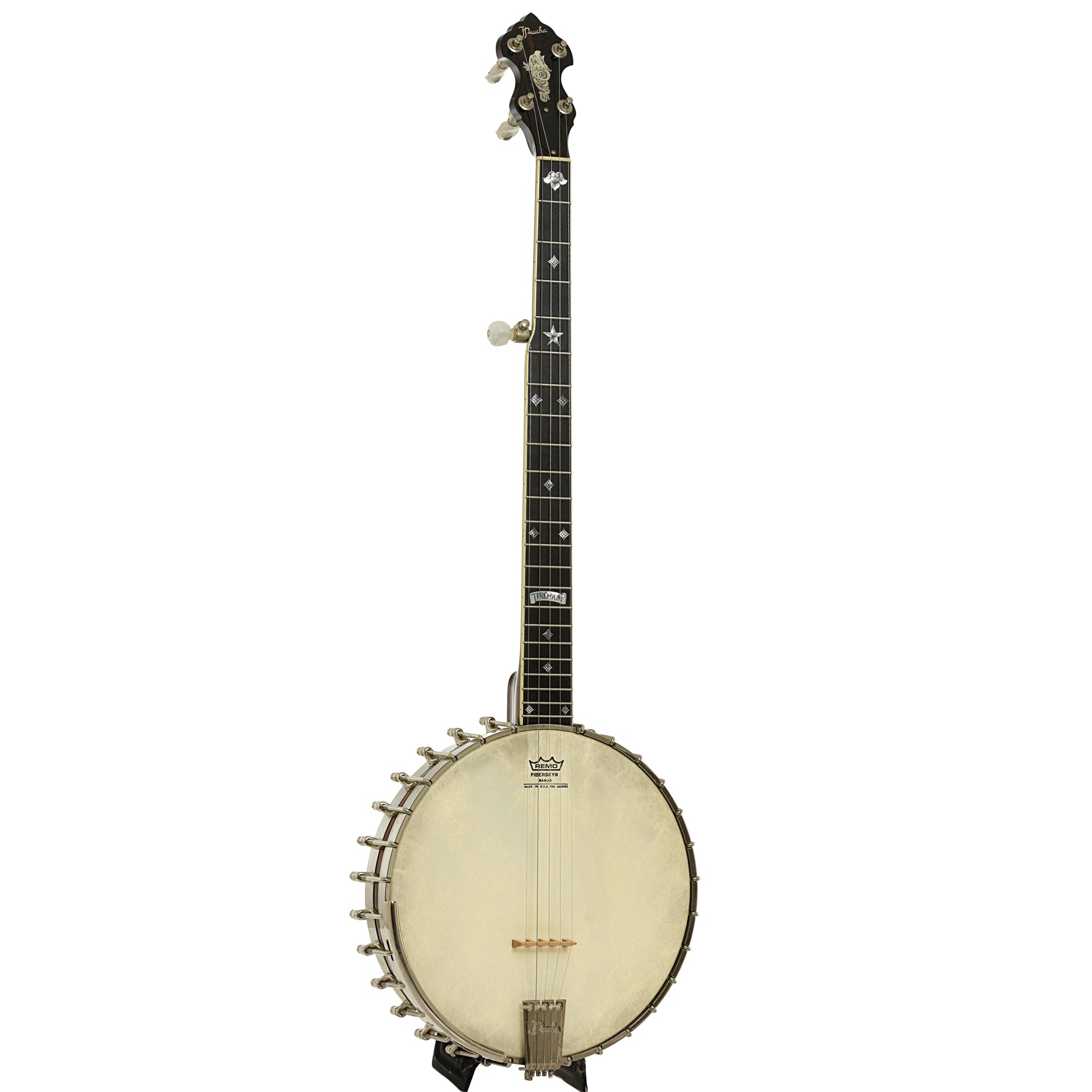 Full front and side of Prucha Premium Griffon Open Back Banjo 