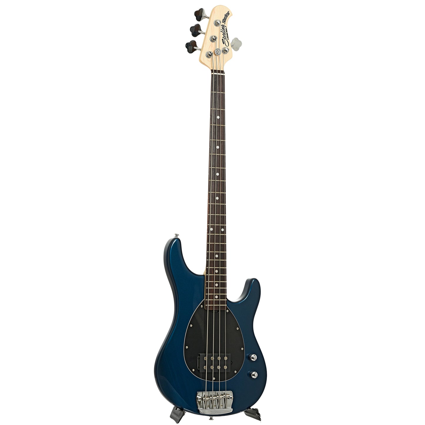 Full front and side of Sterling by Music Man Sterling Electric Bass, Blue Pearl