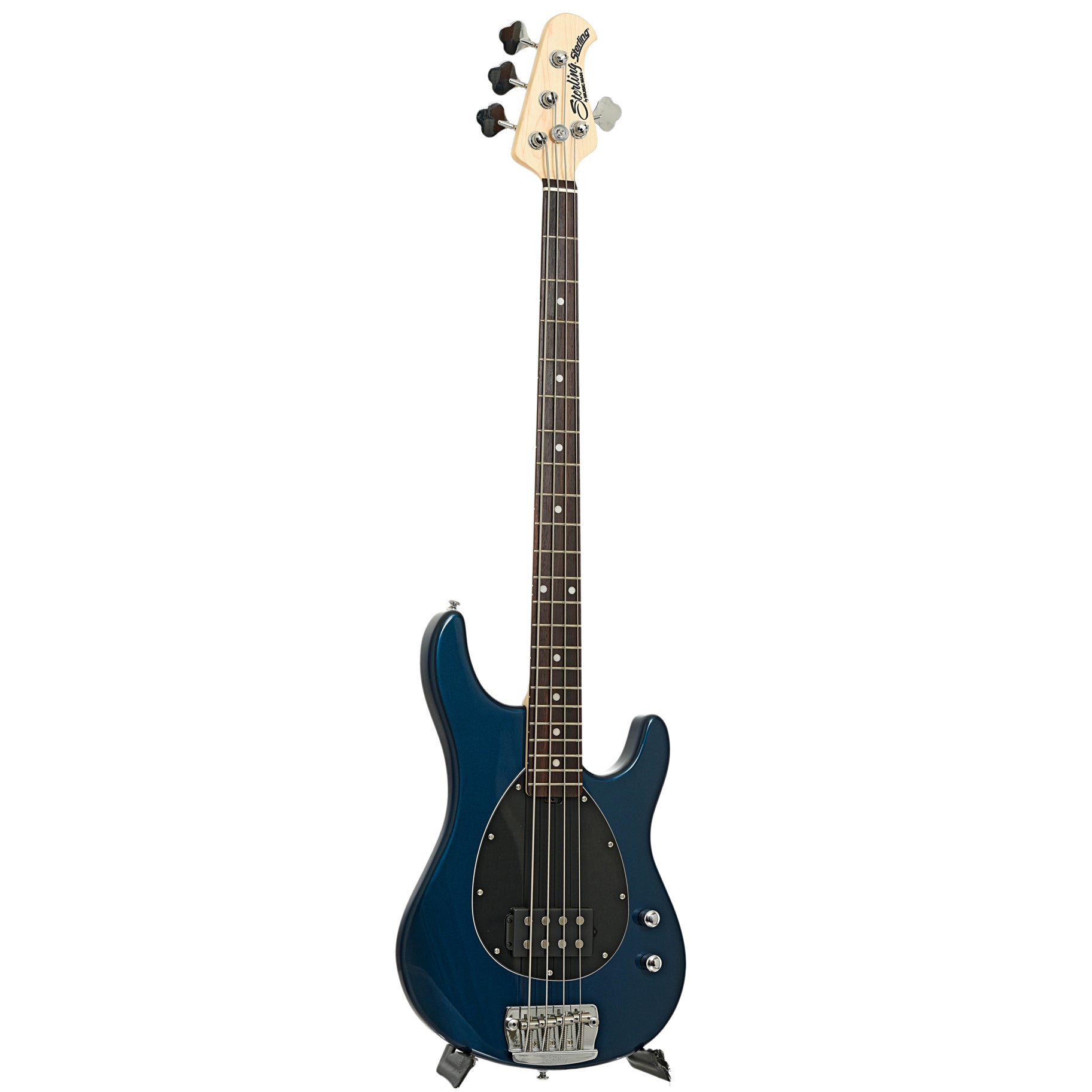 Full front and side of Sterling by Music Man Sterling Electric Bass, Blue Pearl