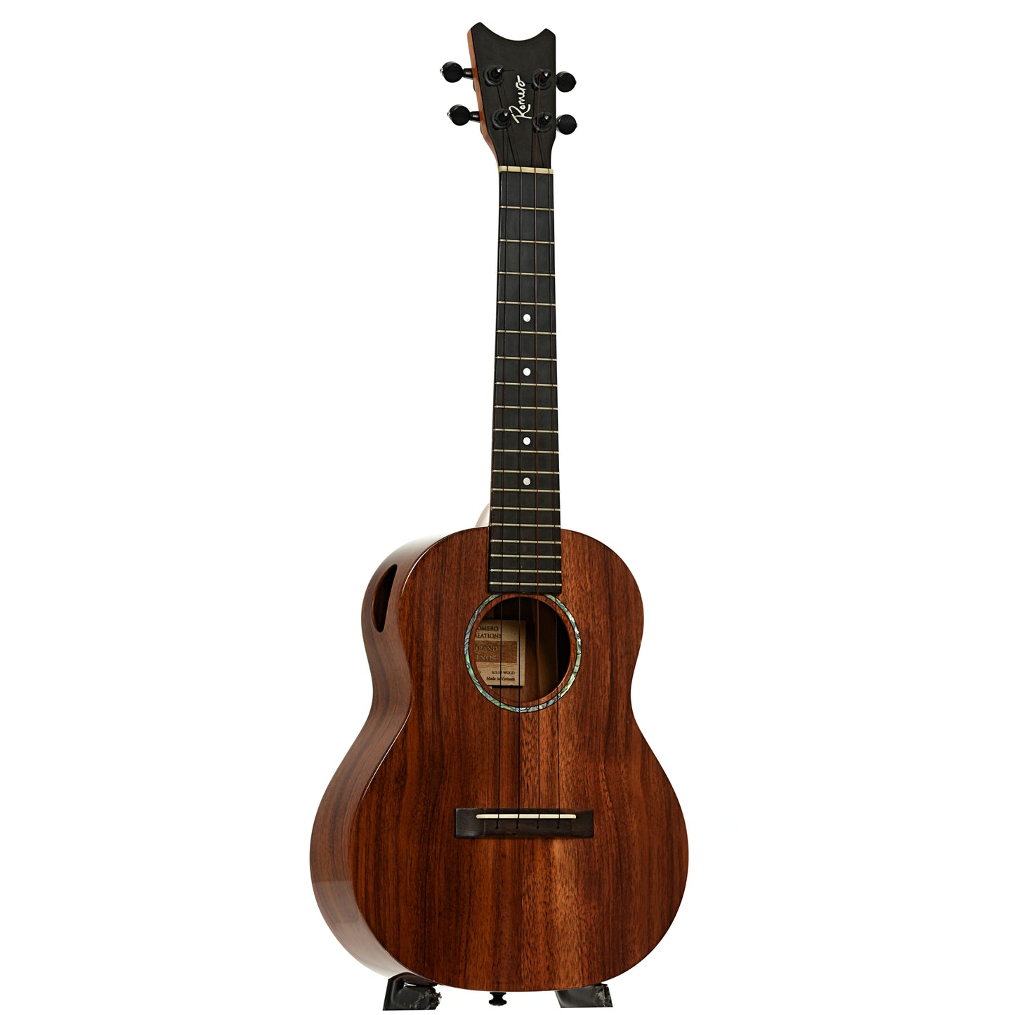 Full front and side of Romero Grand Tenor Koa Ukulele