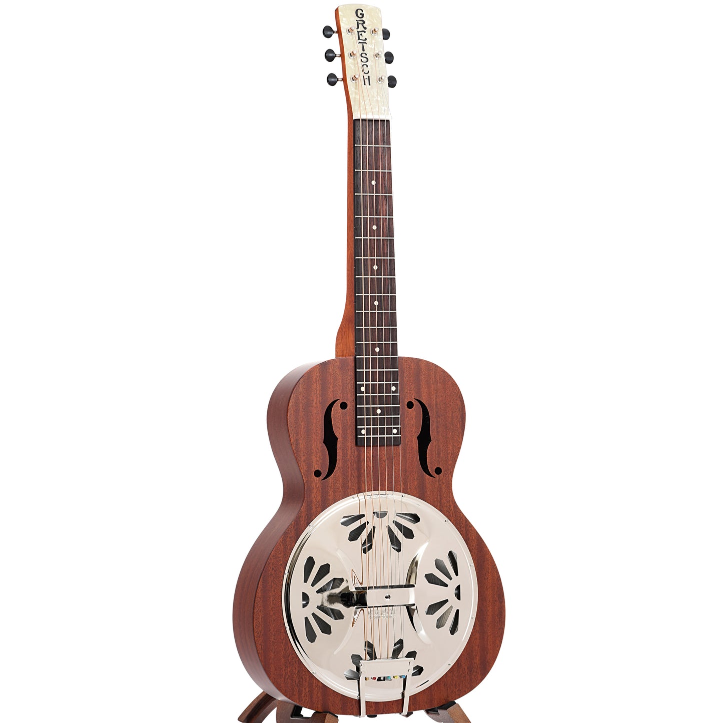 Full front and side of Gretsch Ampli-Sonic G9210 Boxcar Standard Squareneck Resonator Guitar