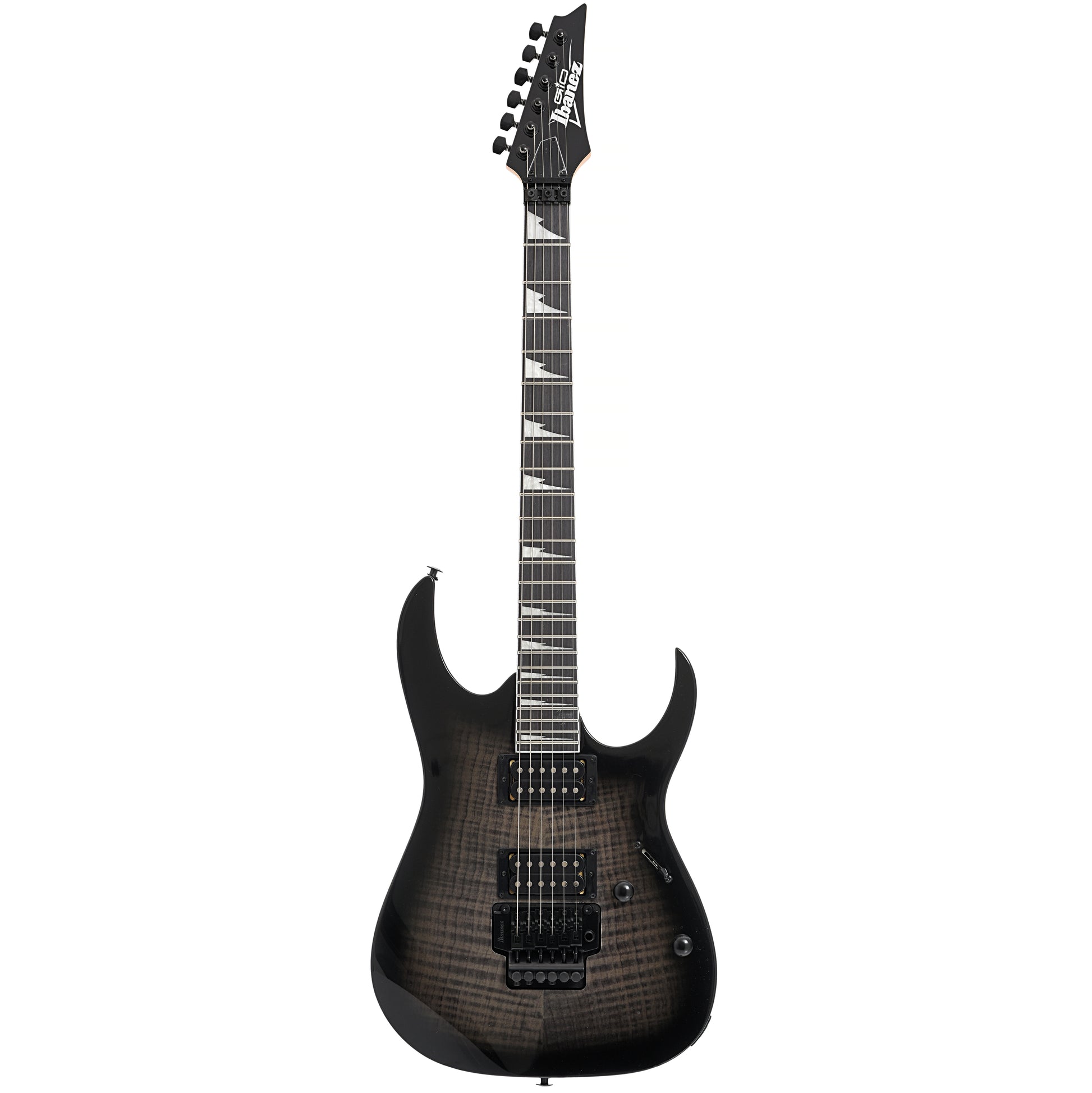 Full front of Ibanez Gio GRG320FA Electric Guitar, Transparent Black Sunburst