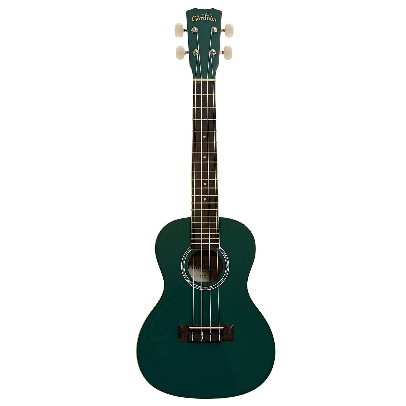 Full front of Cordoba 15C Concert Ukulele, Catalonia Green