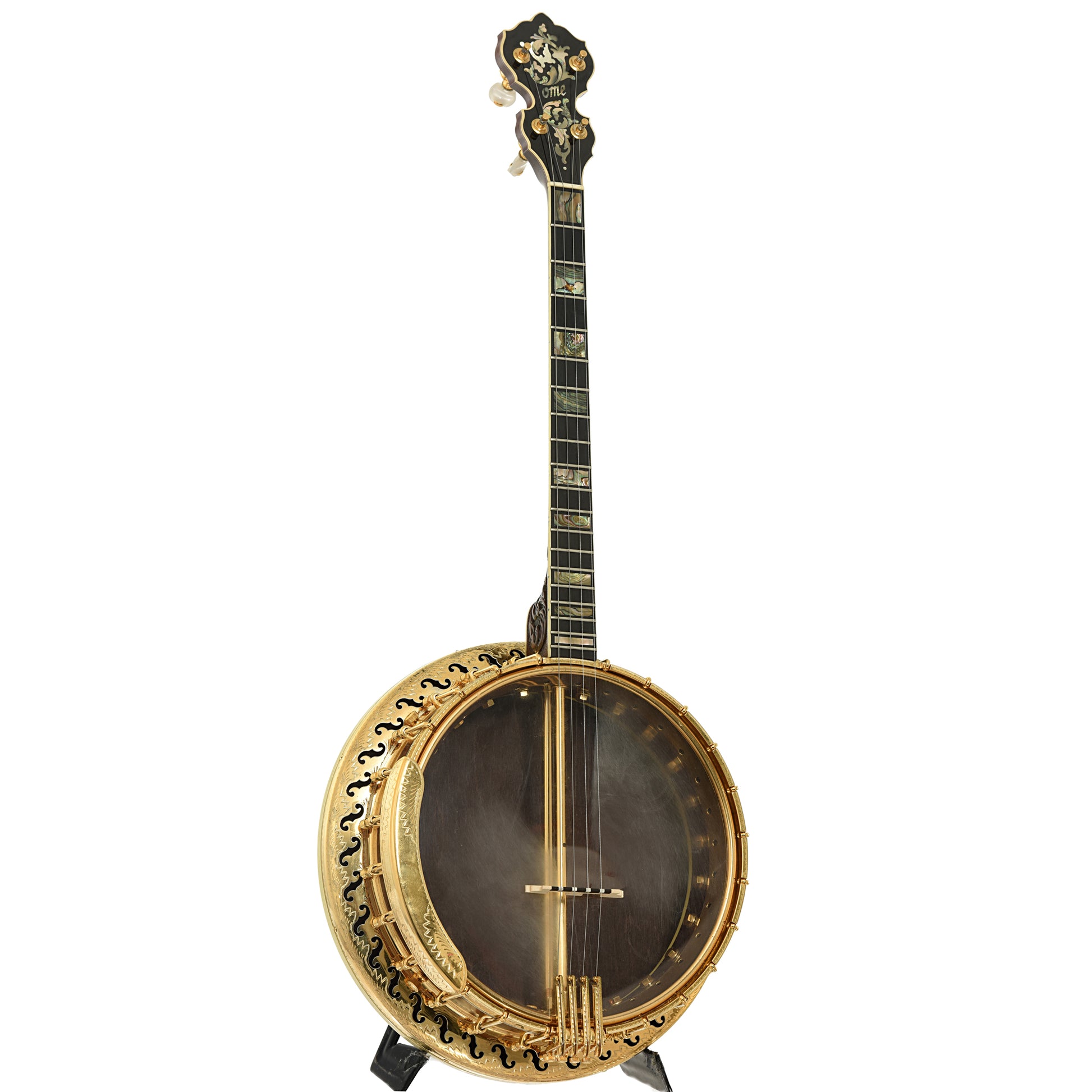 Full front and side of Ome Grand Artist Classic Jazz Tenor Banjo 