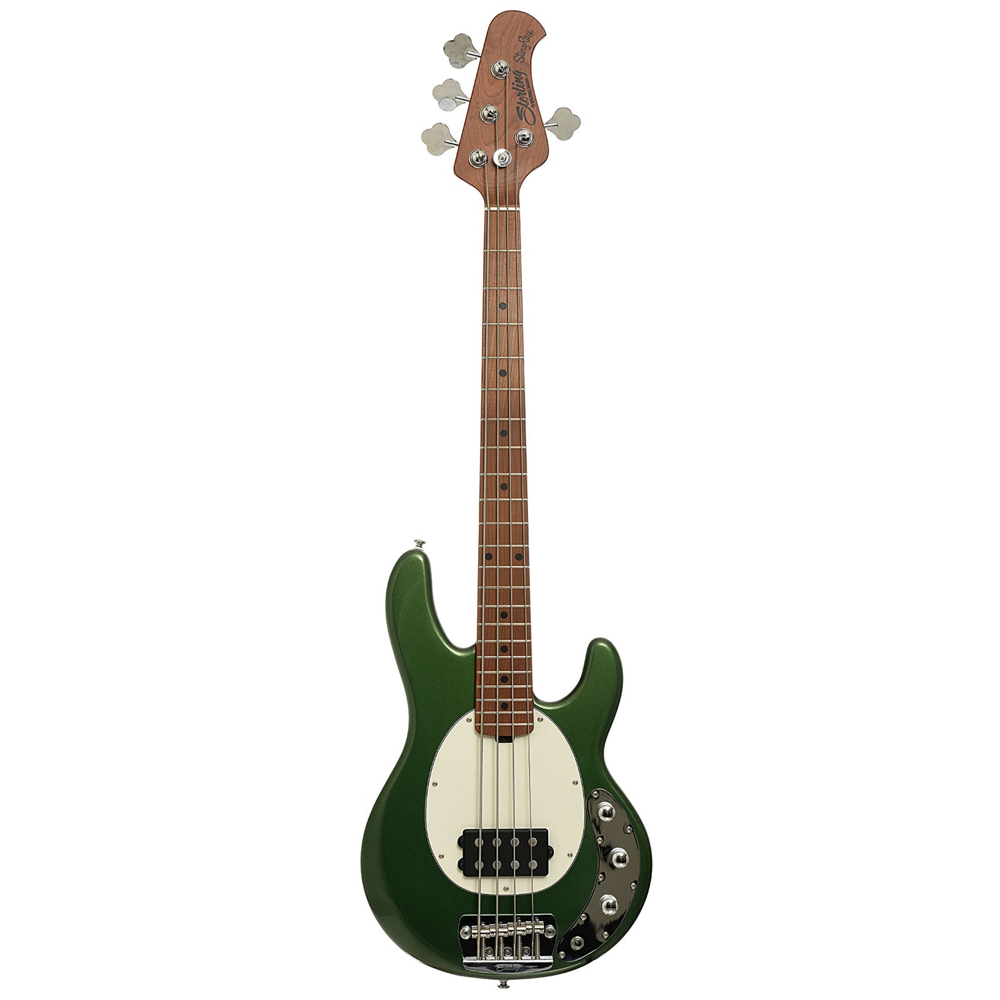 Full front of Sterling by Music Man Stingray Short Scale Electric Bass, Charging Green