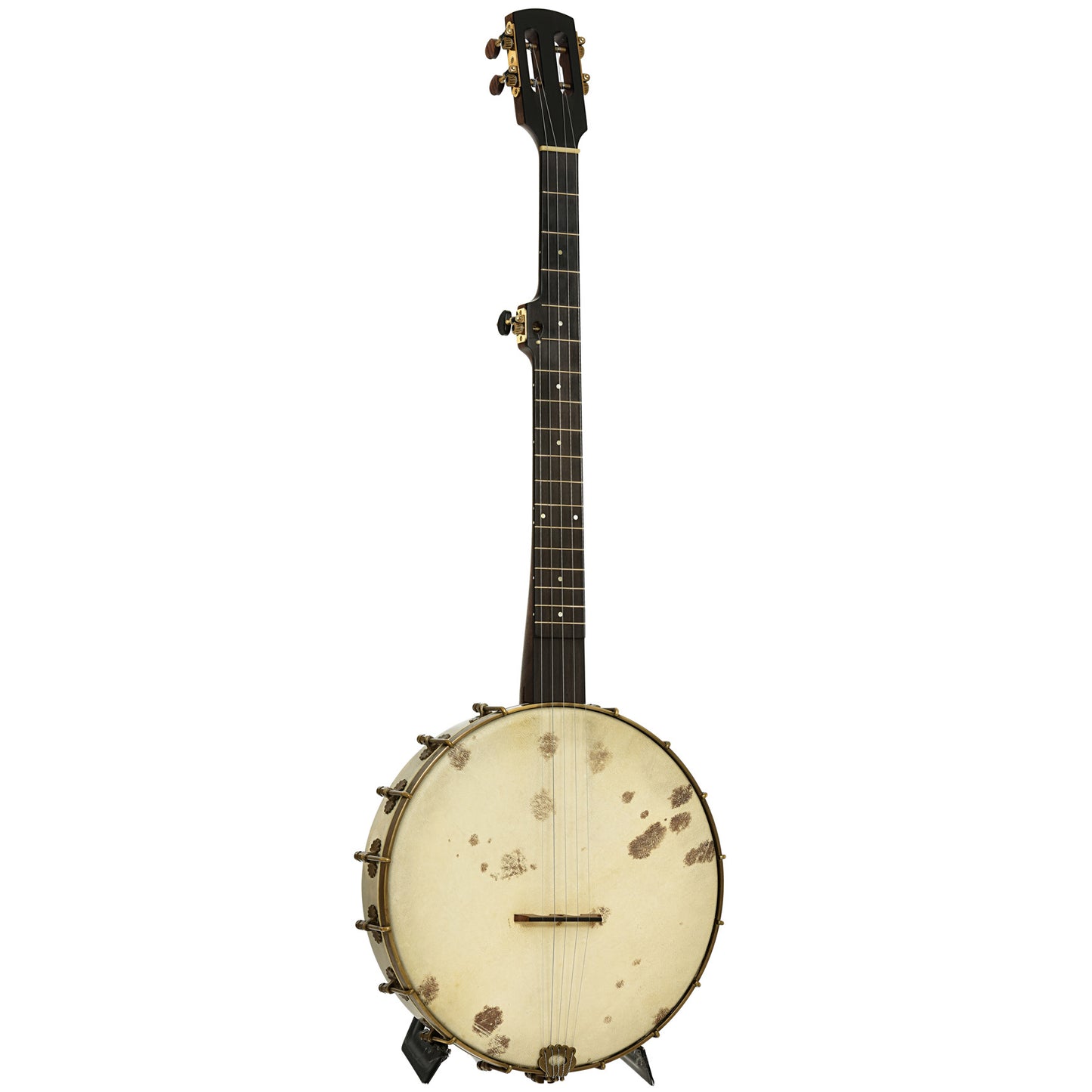 Full front and side of Brooks Masten Silverspun Custom Walnut 12" Openback Banjo