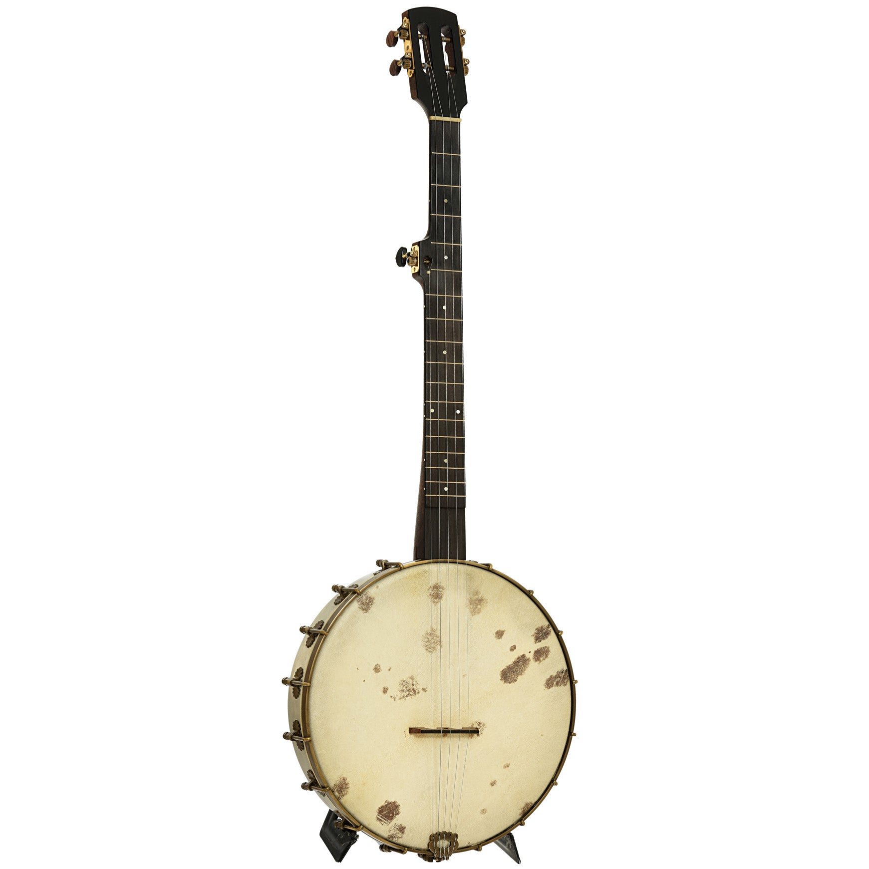 Full front and side of Brooks Masten Silverspun Custom Walnut 12" Openback Banjo