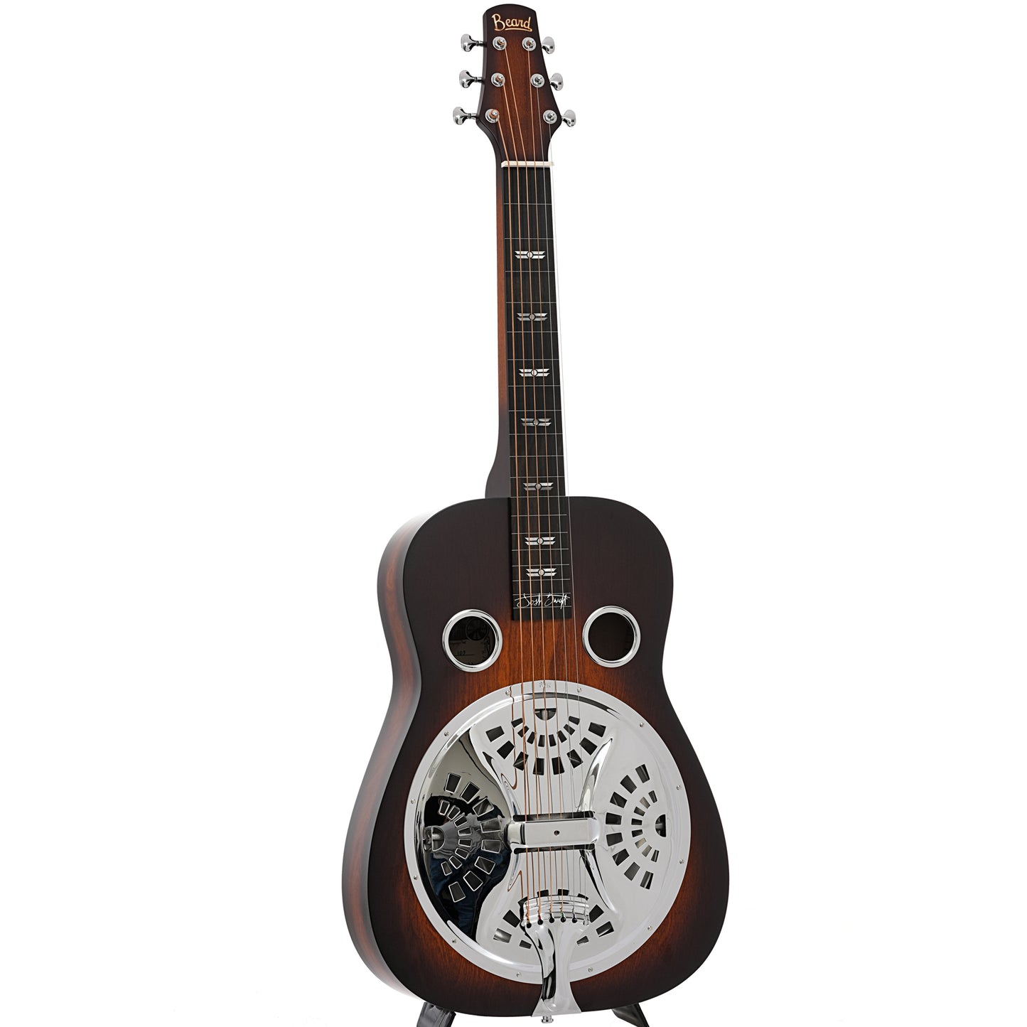 Full front and side of Beard Josh Swift Standard Squareneck Resonator Guitar with Signature Inlays