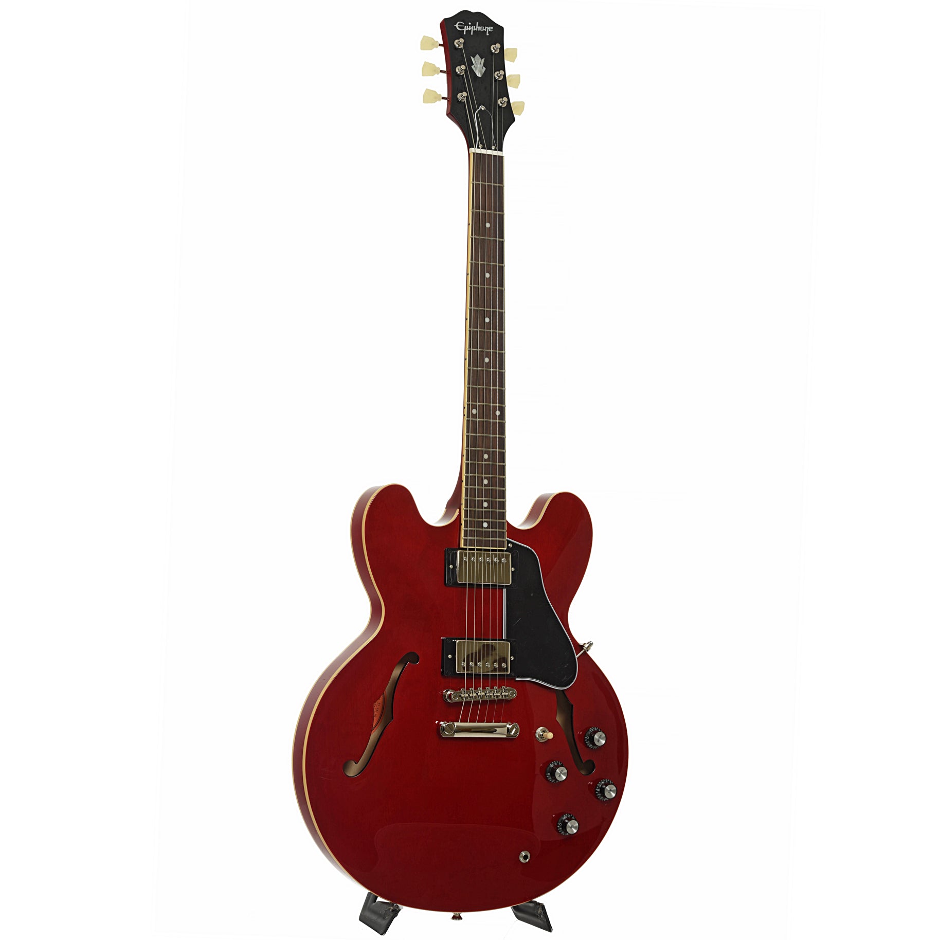 Full front and side of Epiphone ES-335 Semi-Hollowbody Electric Guitar, Cherry