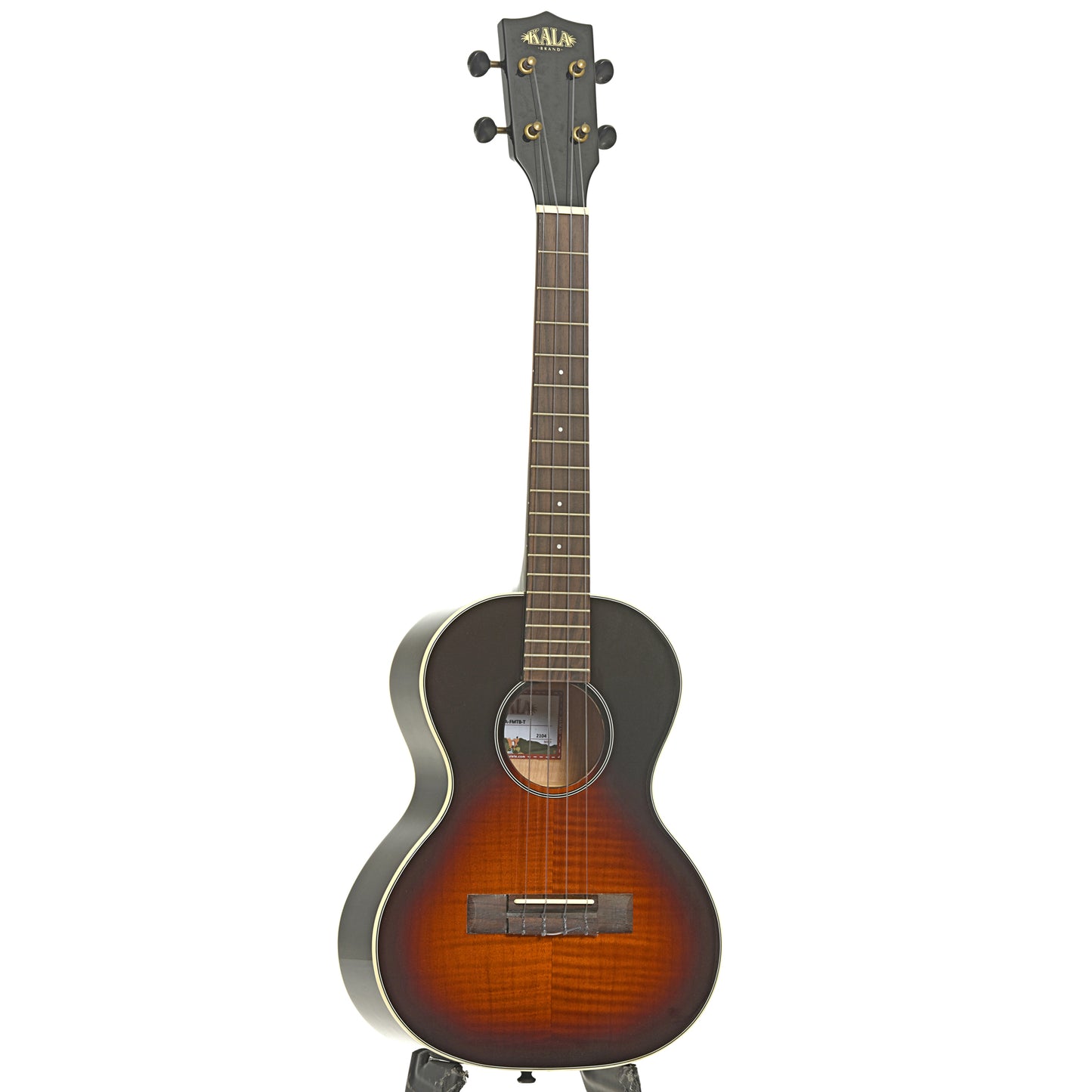 Full front and side of Kala KA-FMTB-T Gloss Flame Maple Tobacco Burst Tenor Ukulele