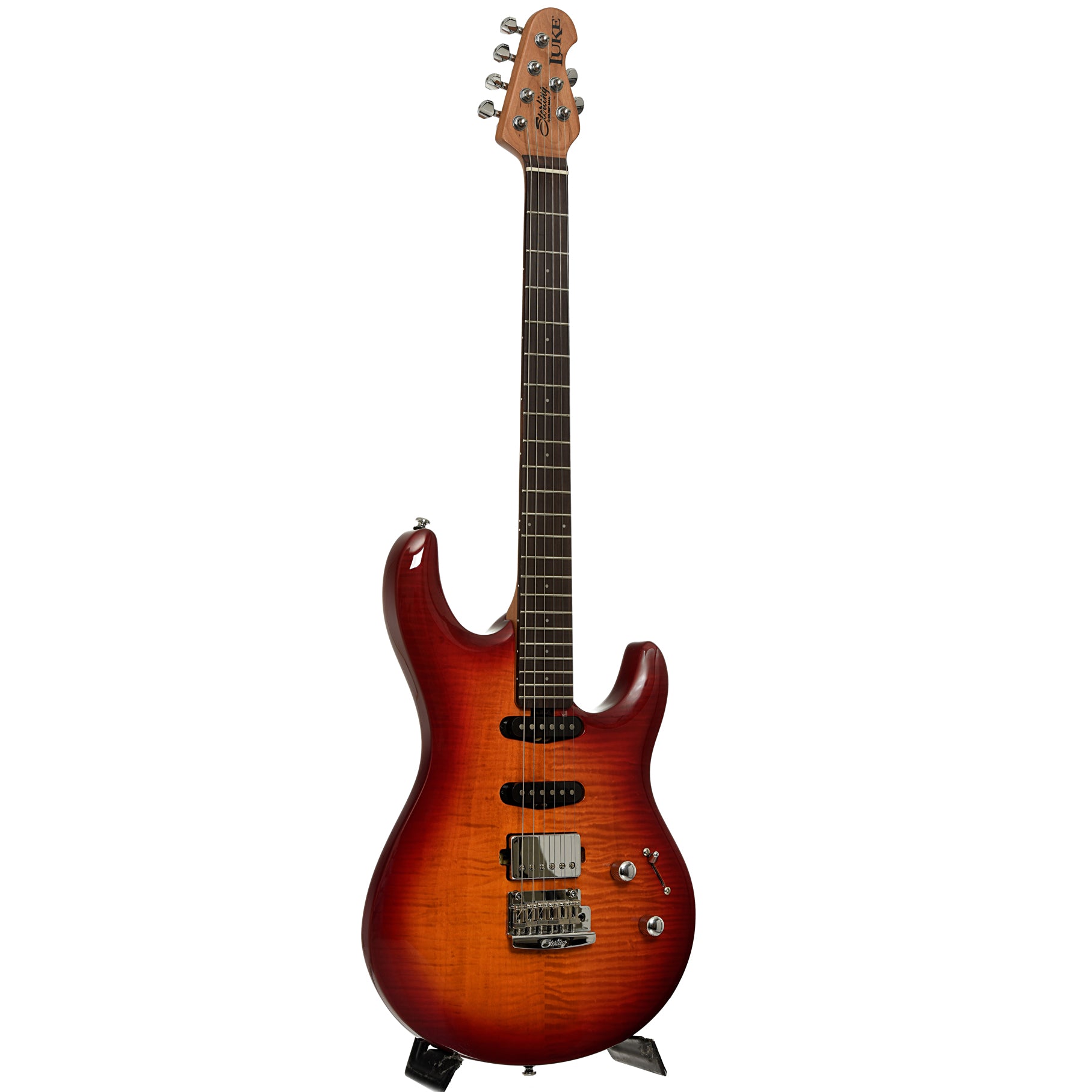 Full front and side of Sterling by Music Man Luke HSS Electric Guitar, Heritage Cherry Burst