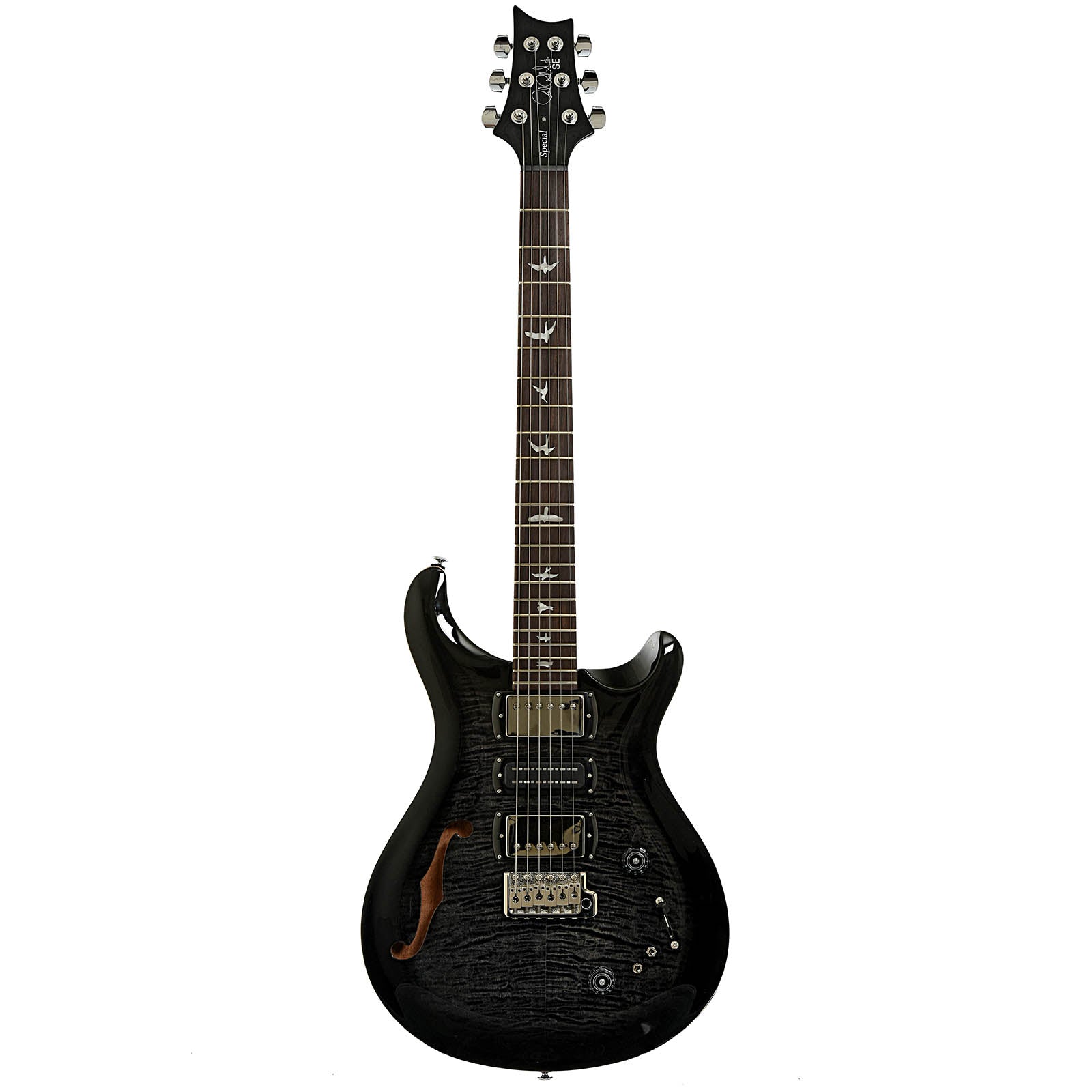 Full front of PRS SE Special Semi-Hollow Electric Guitar Charcoal Burst