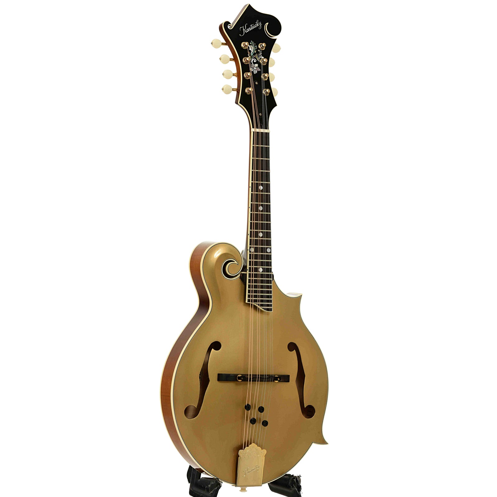 Full front and side of Kentucky KM-858 Gold Artist F-Style Mandolin 